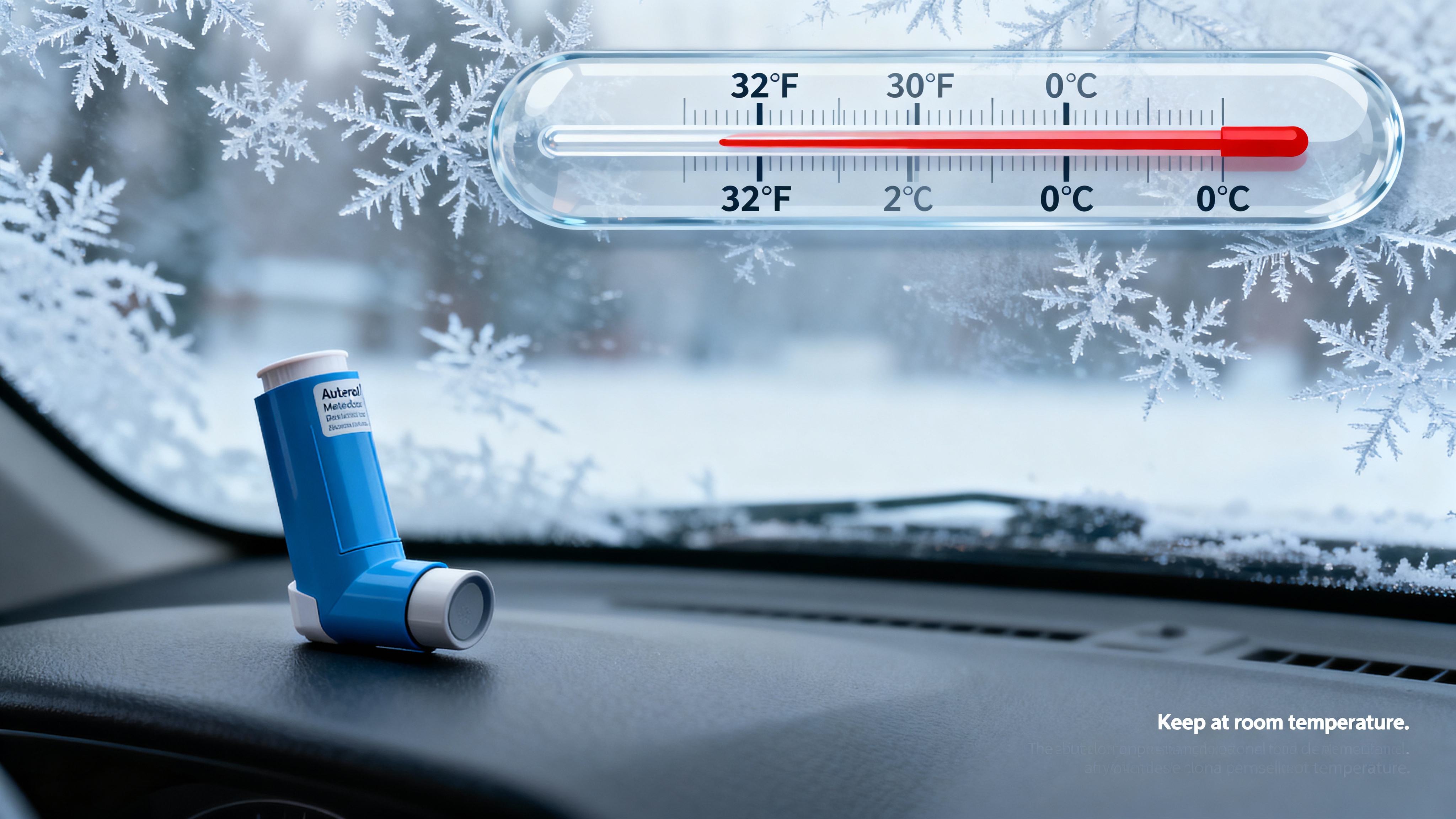 Albuterol inhaler on a cold car dashboard; keep at room temperature Albuterol inhaler on a cold car dashboard with frost; keep at room temperature