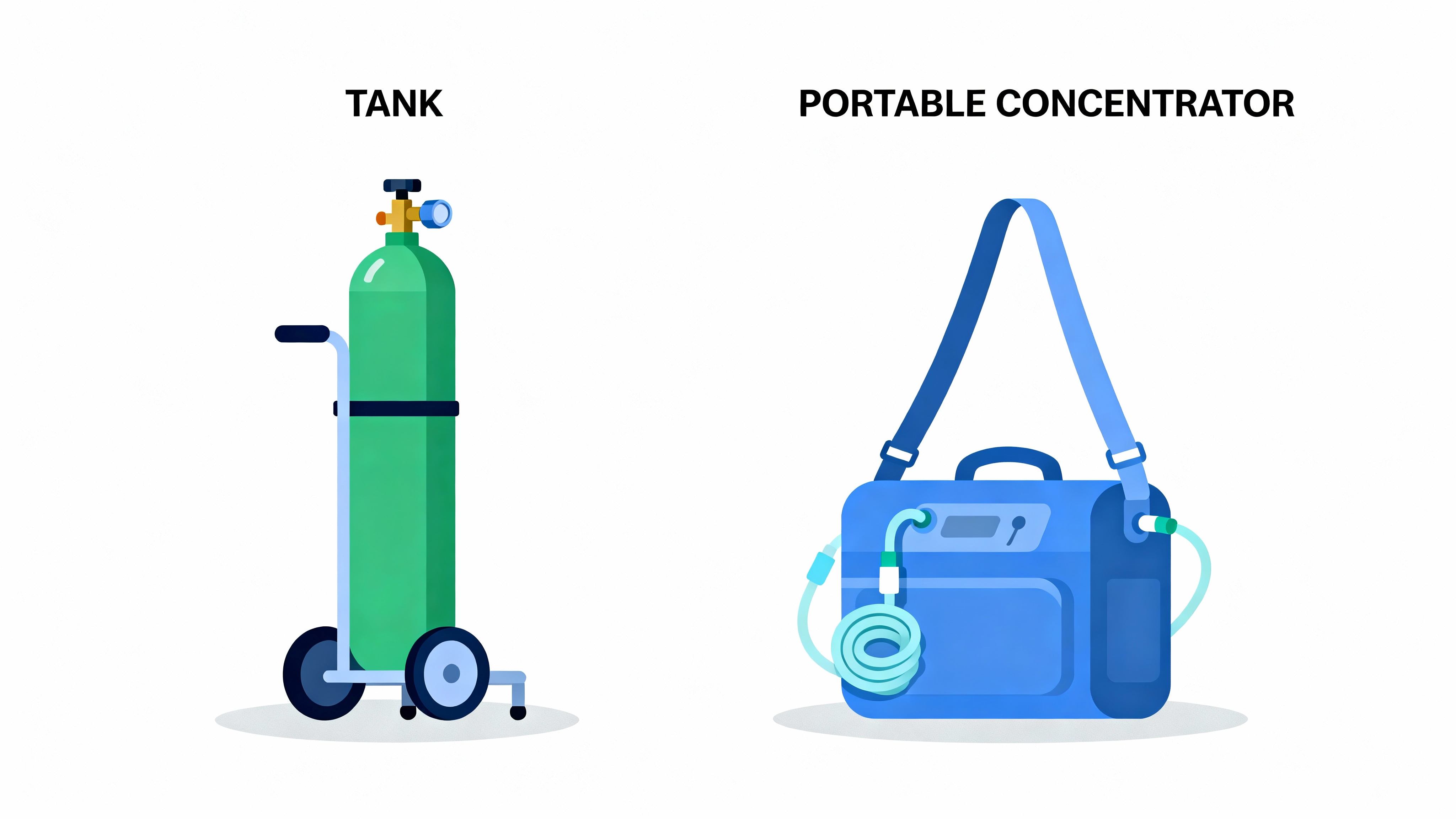 Oxygen Tank vs Portable Concentrator – flat healthcare illustration Side-by-side comparison illustration showing an oxygen tank on a cart versus a compact shoulder-bag portable oxygen concentrator with nasal cannula