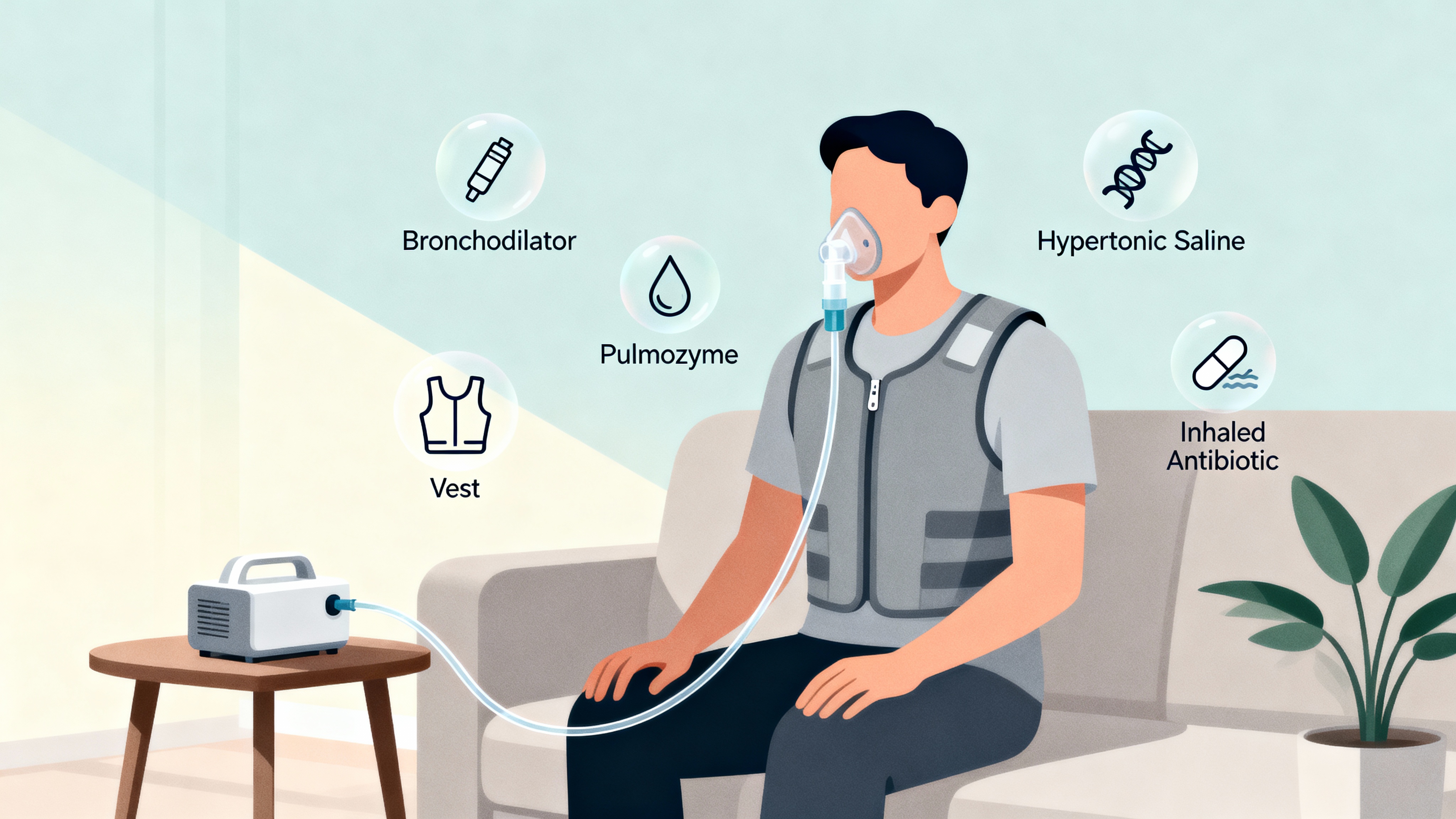 Nebulizer therapy with chest physiotherapy vest during Pulmozyme Adult using a mouthpiece nebulizer while wearing a gray chest physiotherapy vest, with labeled icons for Bronchodilator, Hypertonic Saline, Pulmozyme, Vest, and Inhaled Antibiotic in a calm living room