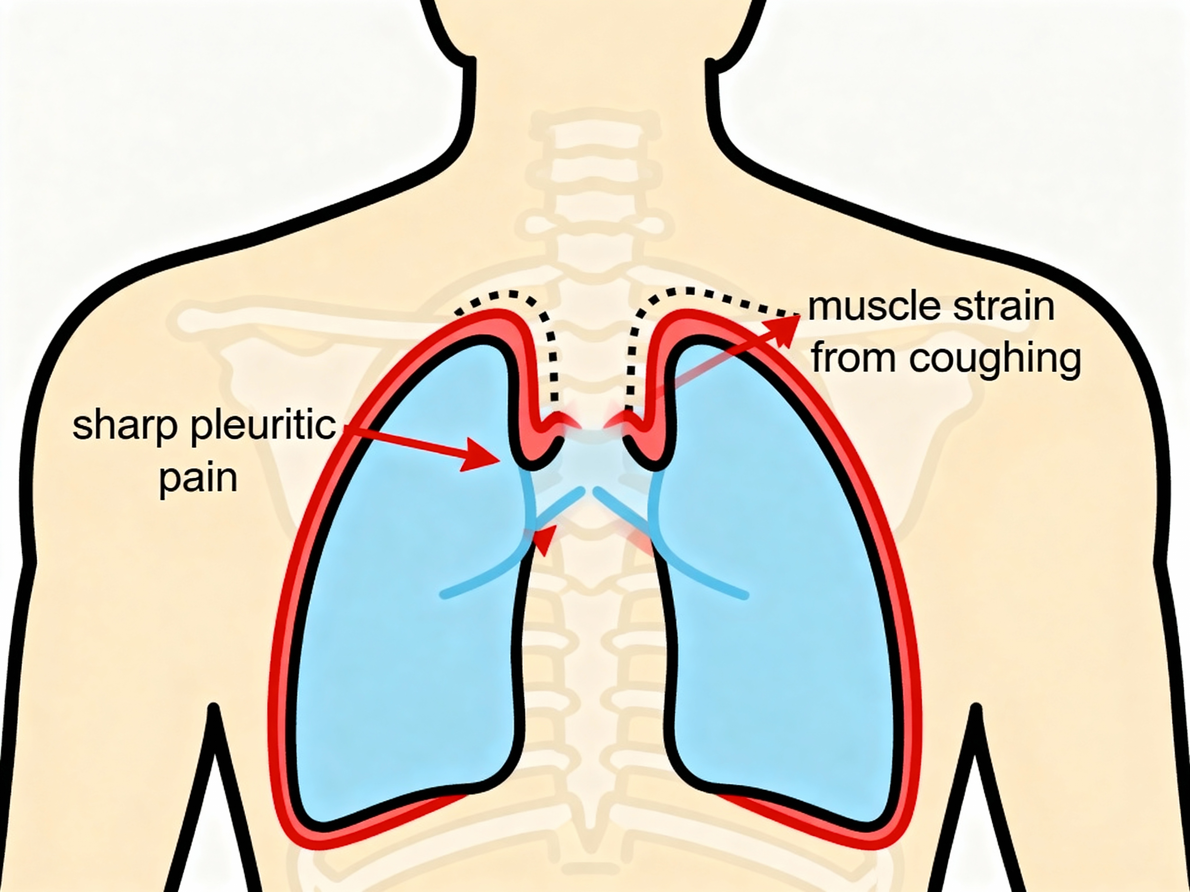 Pleuritic pain and upper back muscle strain illustration (posterior view) Posterior torso medical diagram showing lungs with inflamed posterior pleural lining highlighted in red, arrows indicating sharp pleuritic pain between the shoulder blades, and dotted outline marking muscle strain from coughing