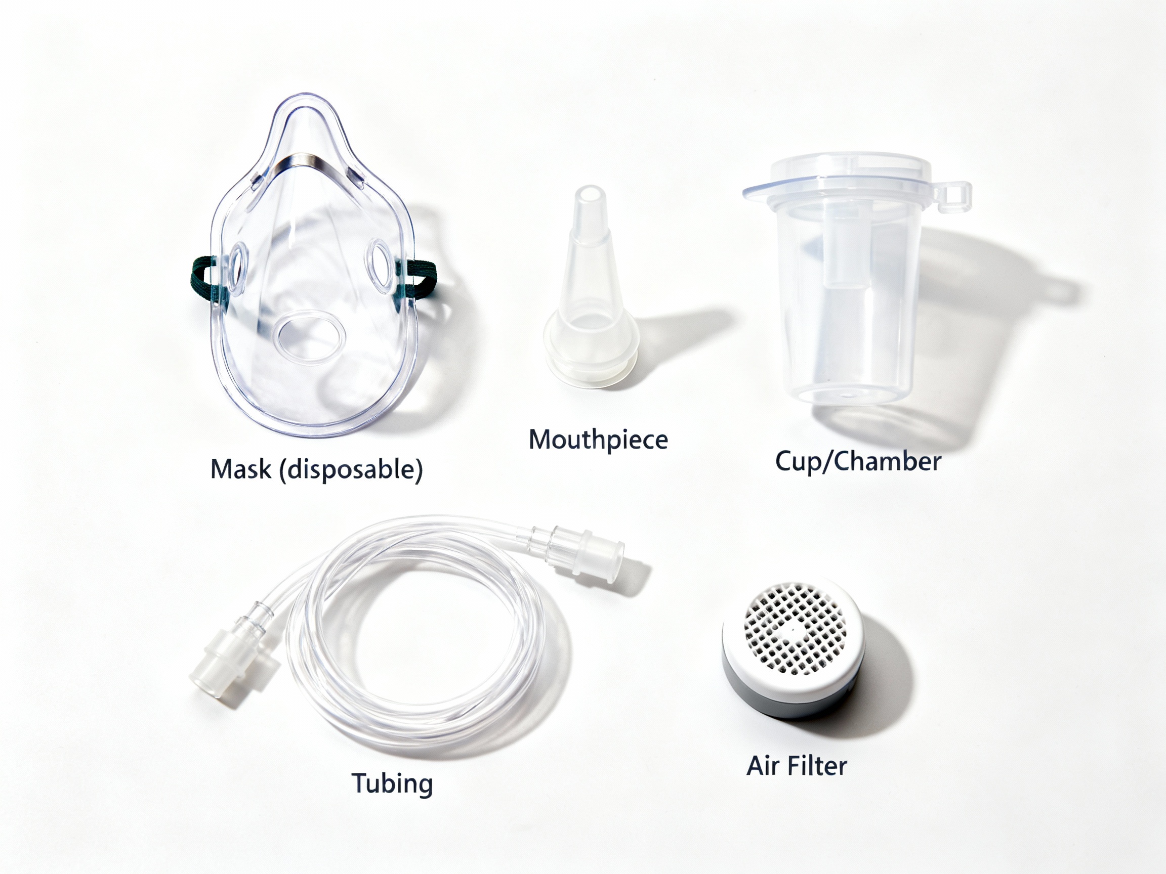nebulizer mask, mouthpiece, cup/chamber, tubing, and compressor air filter labeled on a white background