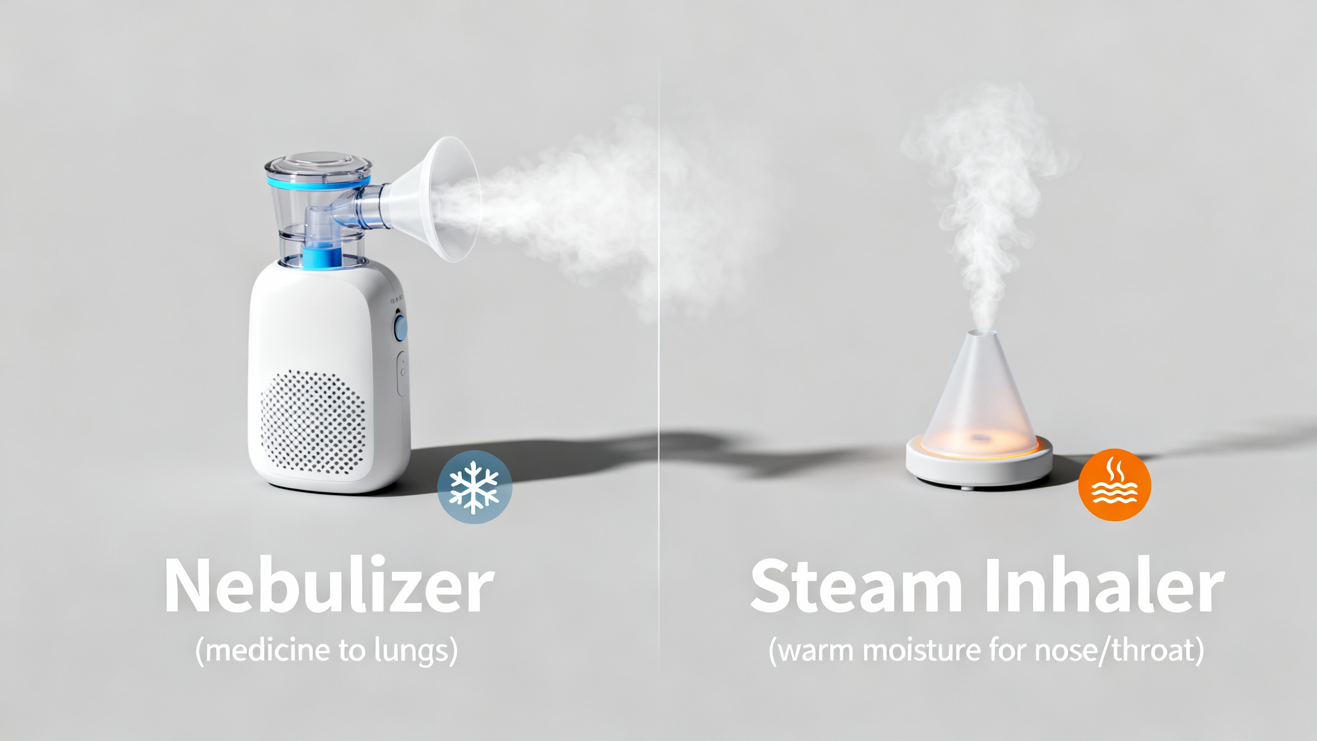 Nebulizer vs steam inhaler comparison—medicine to lungs vs warm moisture.
