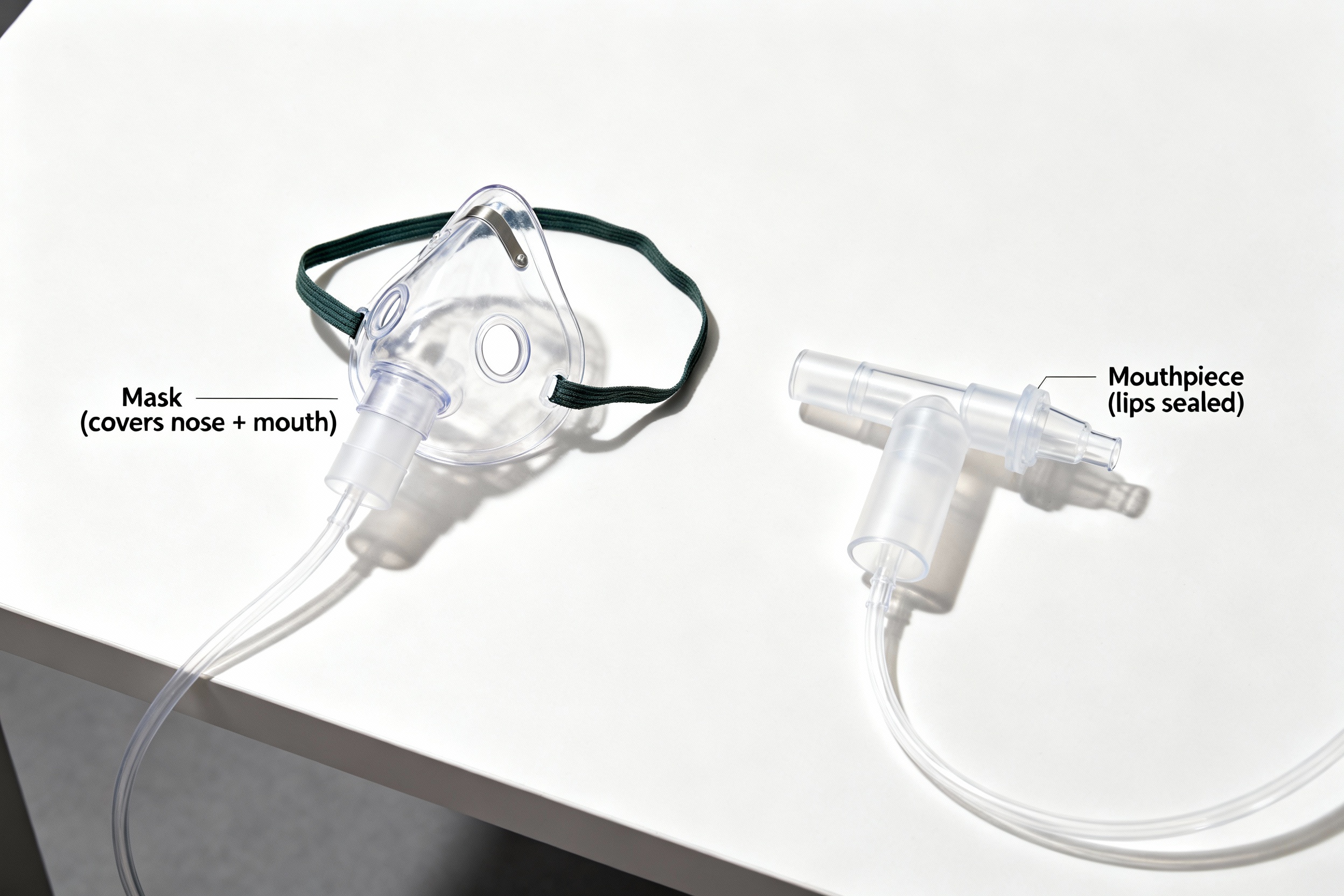 Nebulizer delivery options: mask vs mouthpiece Nebulizer mask and T-piece mouthpiece on a white table, labeled 'Mask (covers nose + mouth)' and 'Mouthpiece (lips sealed)', clinical product photo