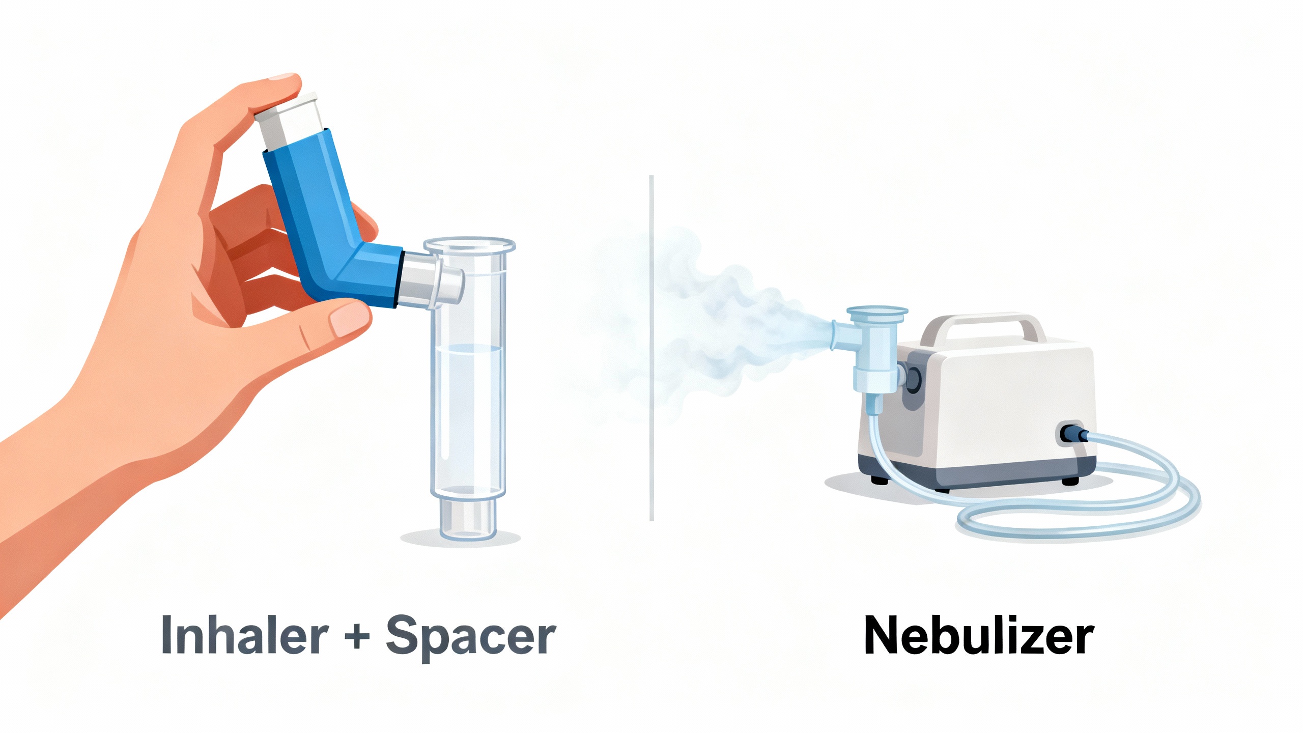 Hand holding an inhaler attached to a clear spacer next to a tabletop nebulizer with mask releasing mist; white background with labels 'Inhaler + Spacer' and 'Nebulizer'.