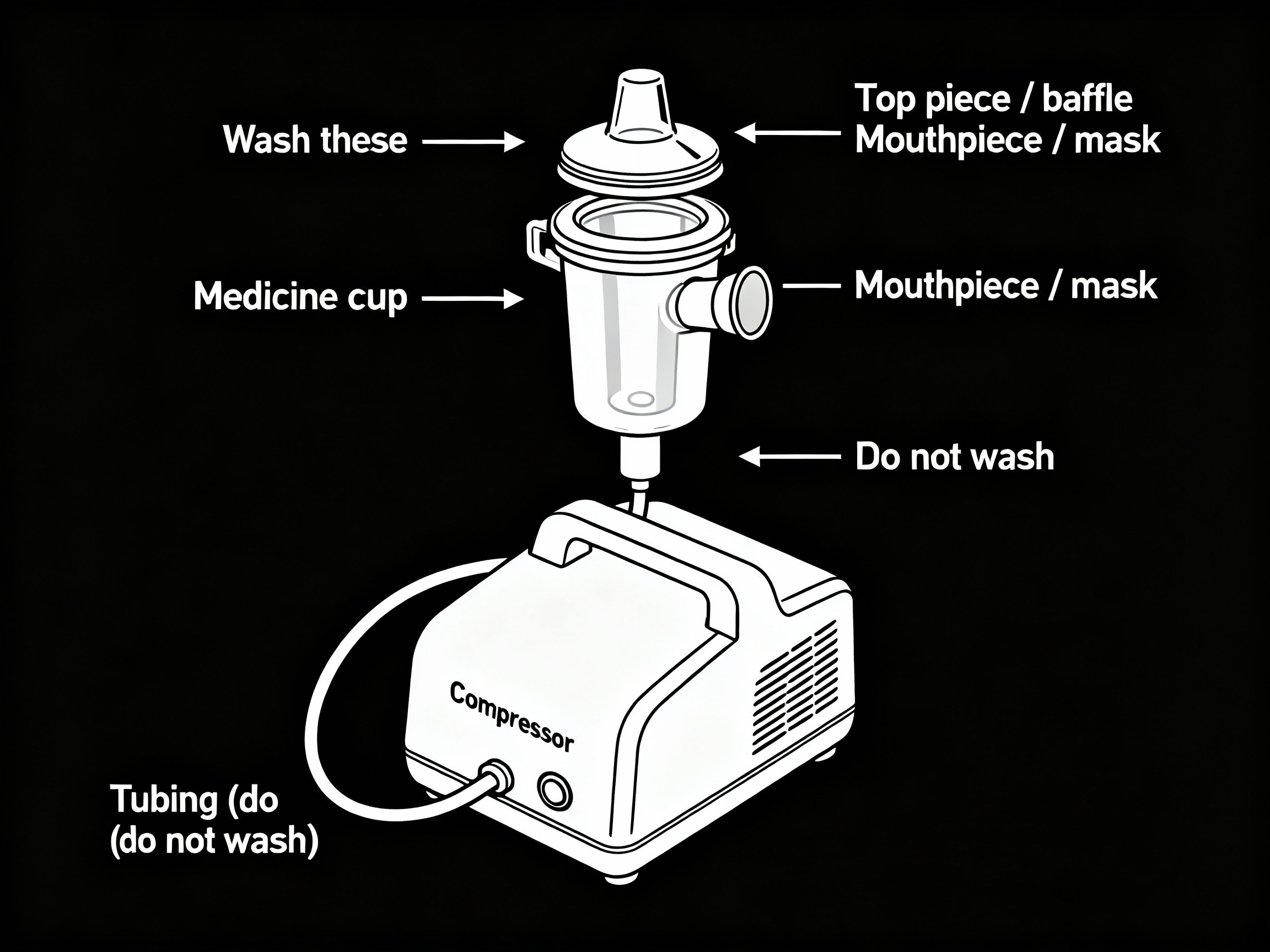 Simple top-down diagram labeling nebulizer compressor, tubing (do not wash), medicine cup, top piece/baffle, and mouthpiece/mask; notes show what to wash and not to wash