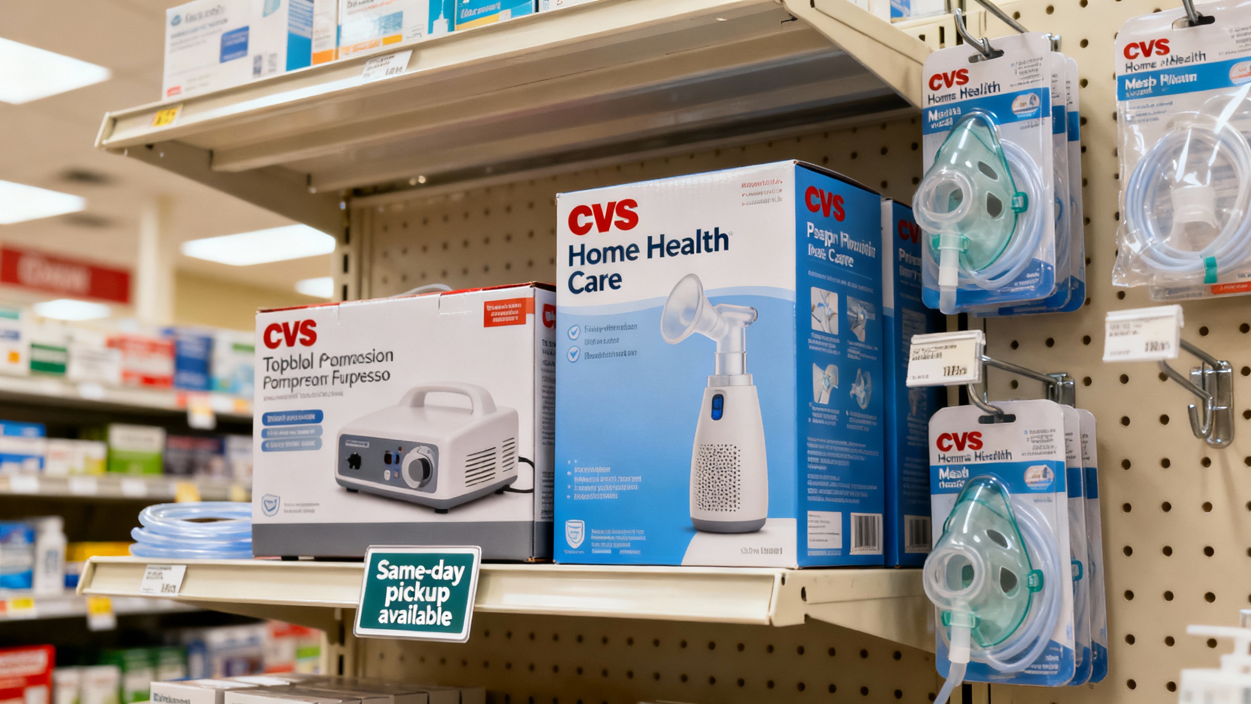CVS Home Health Care aisle with nebulizers and accessories, including a tabletop compressor nebulizer, portable mesh nebulizer, masks, and tubing kits, with a small 'Same-day pickup available' sign