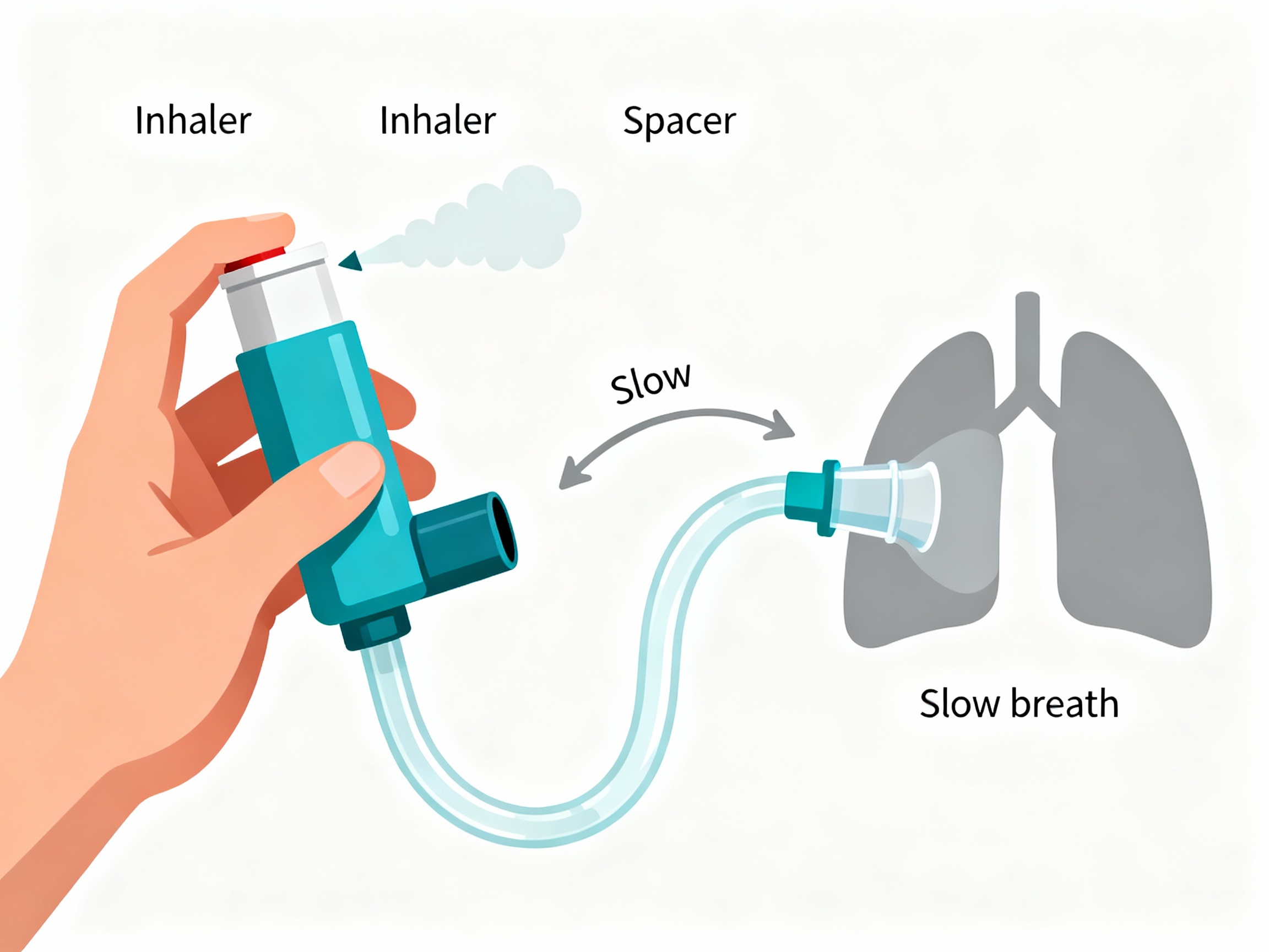 Using a metered-dose inhaler with a spacer: press one puff into the chamber, then take a slow breath through the mouthpiece.