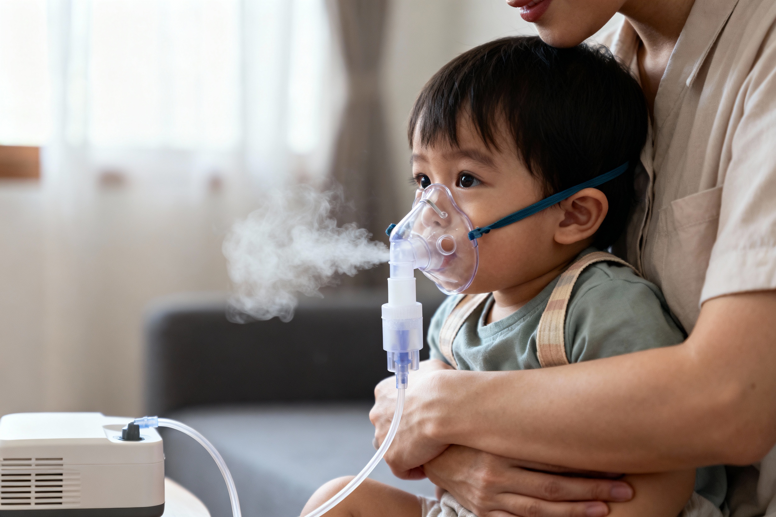 Parent holding a calm toddler wearing a pediatric nebulizer mask at home, gentle mist visible, neutral background