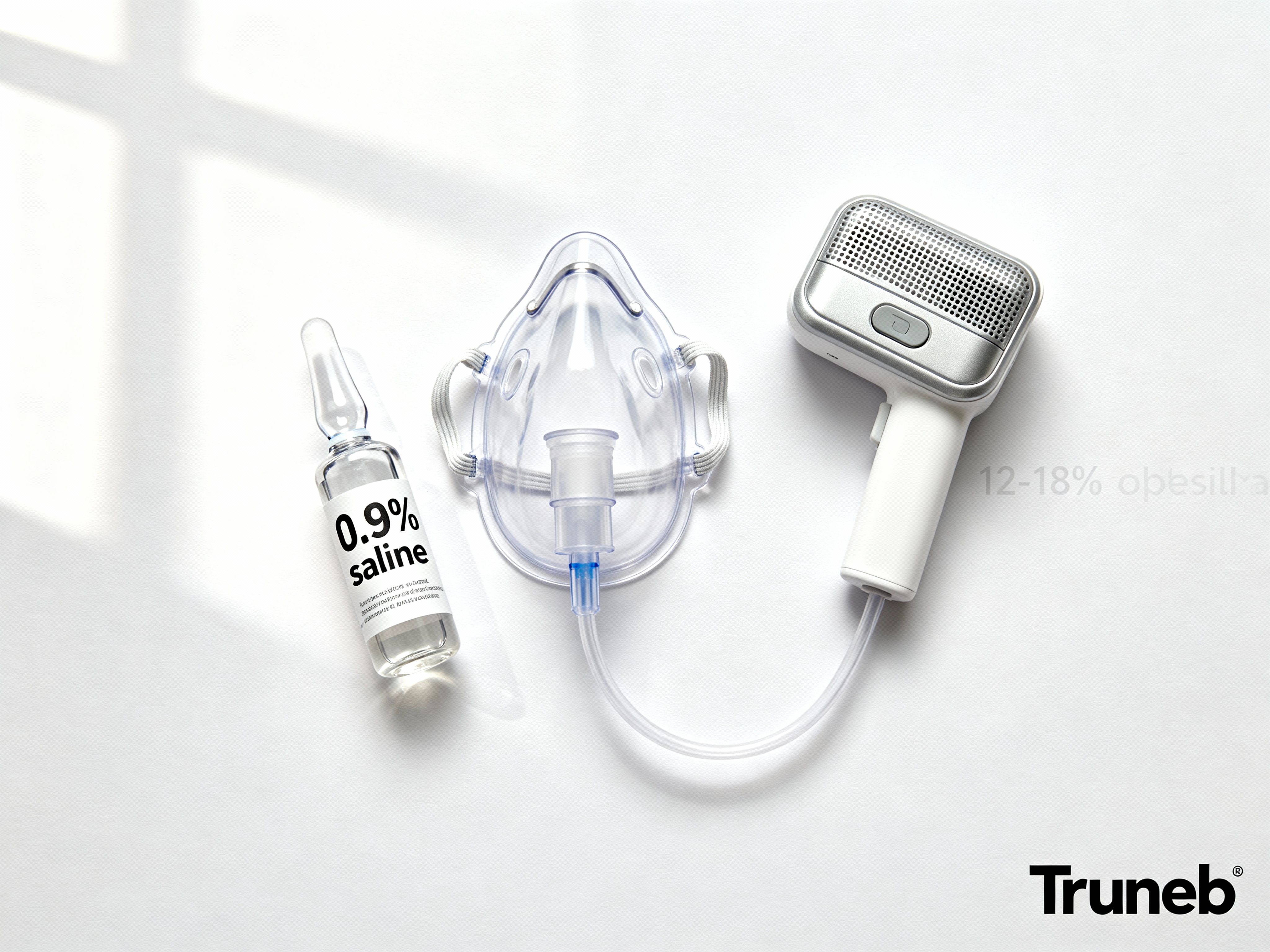 Flat-lay: 0.9% saline nebule, nebulizer cup with mask, and portable mesh nebulizer 0.9% saline nebule, nebulizer cup and mask, portable mesh nebulizer on white background