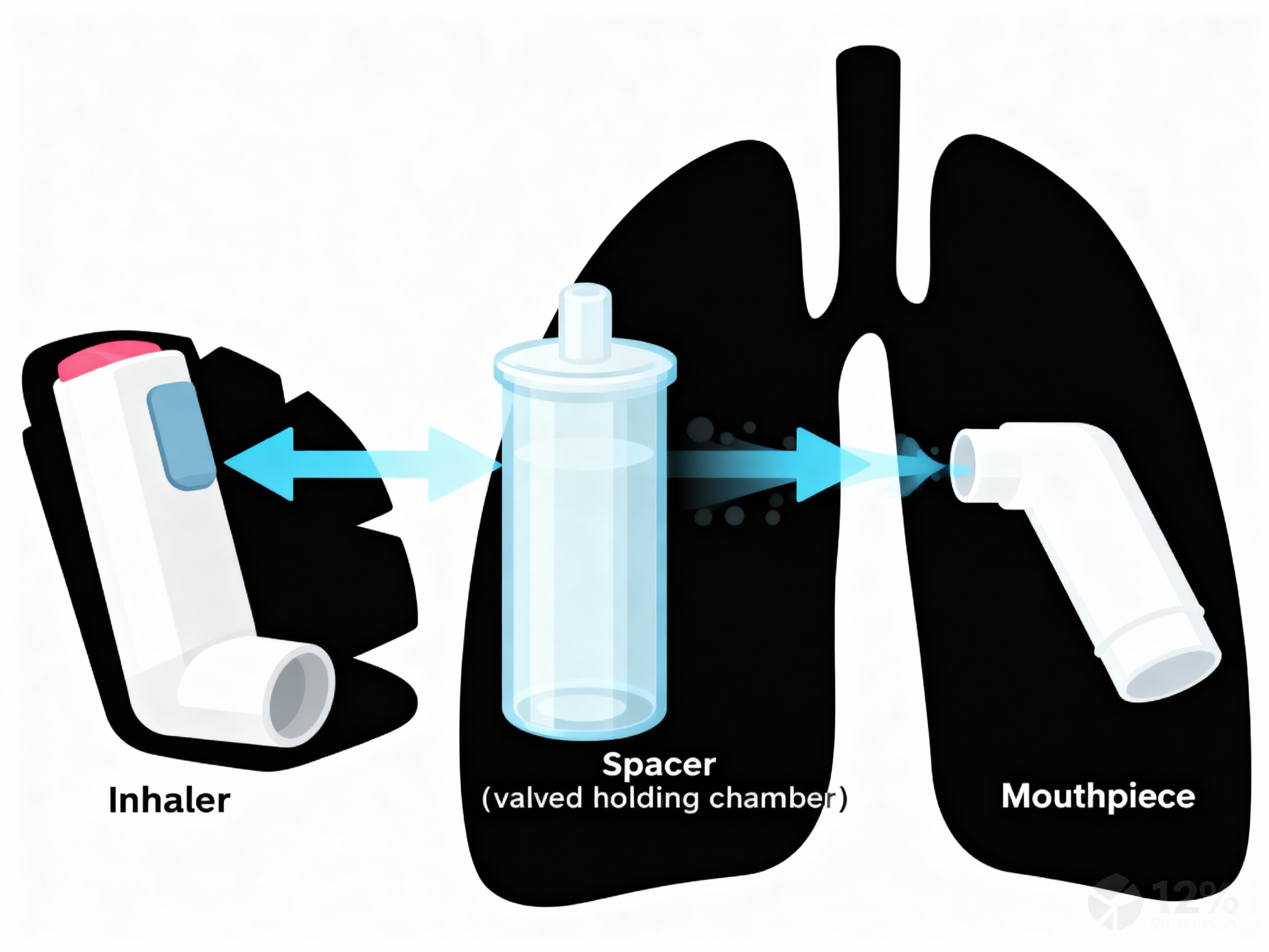 Metered-dose inhaler attached to a spacer (valved holding chamber) showing aerosol flow to lungs.