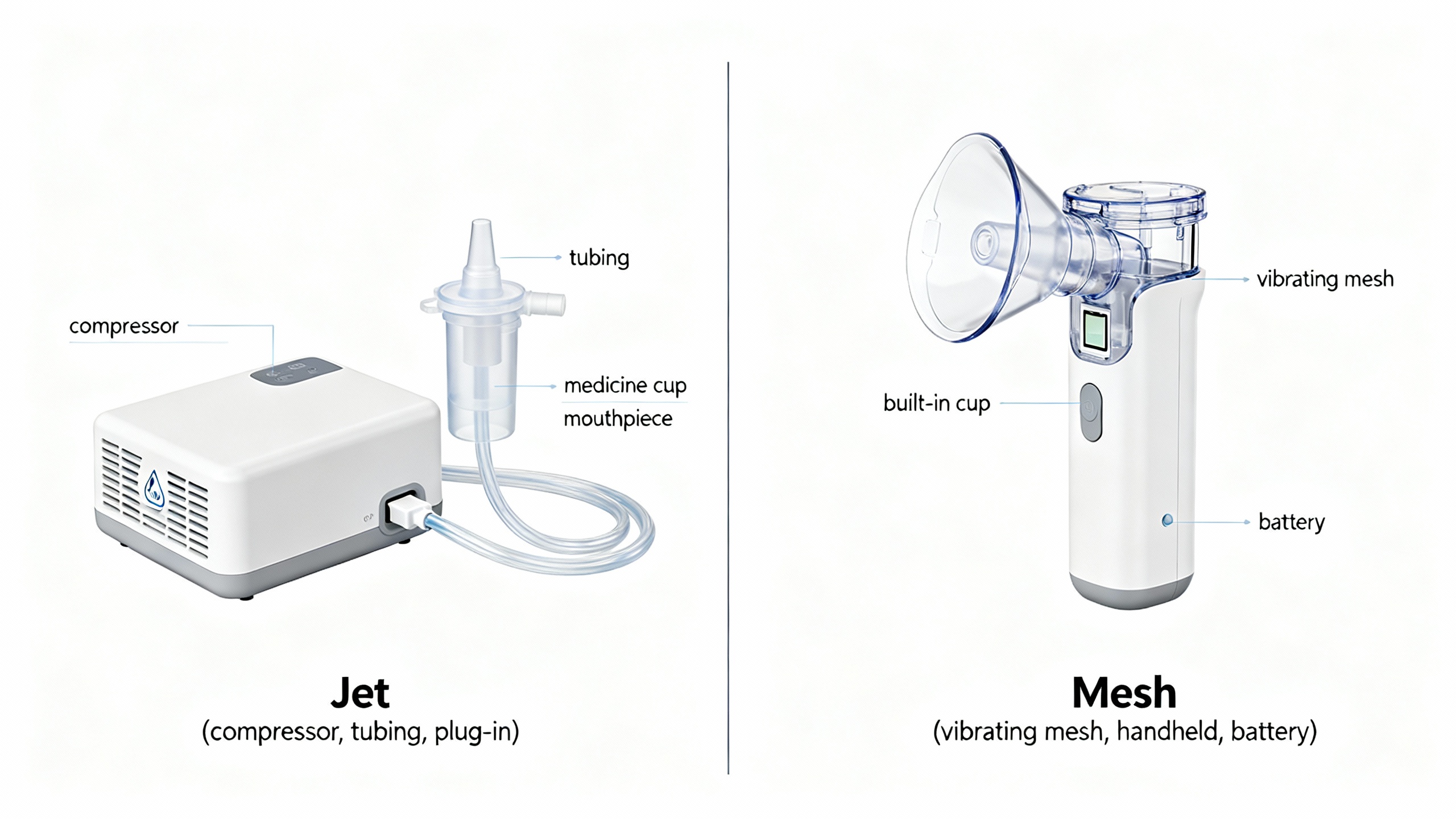 Side-by-side diagram comparing a jet nebulizer (compressor, tubing, plug-in) and a mesh nebulizer (vibrating mesh, handheld, battery), with labeled parts