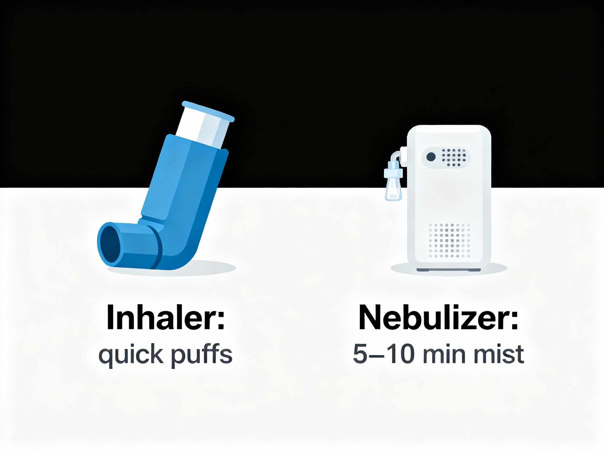Flat comparison illustration of inhaler vs nebulizer: blue handheld inhaler labeled Inhaler: quick puffs and white portable mesh nebulizer labeled Nebulizer: 5–10 min mist