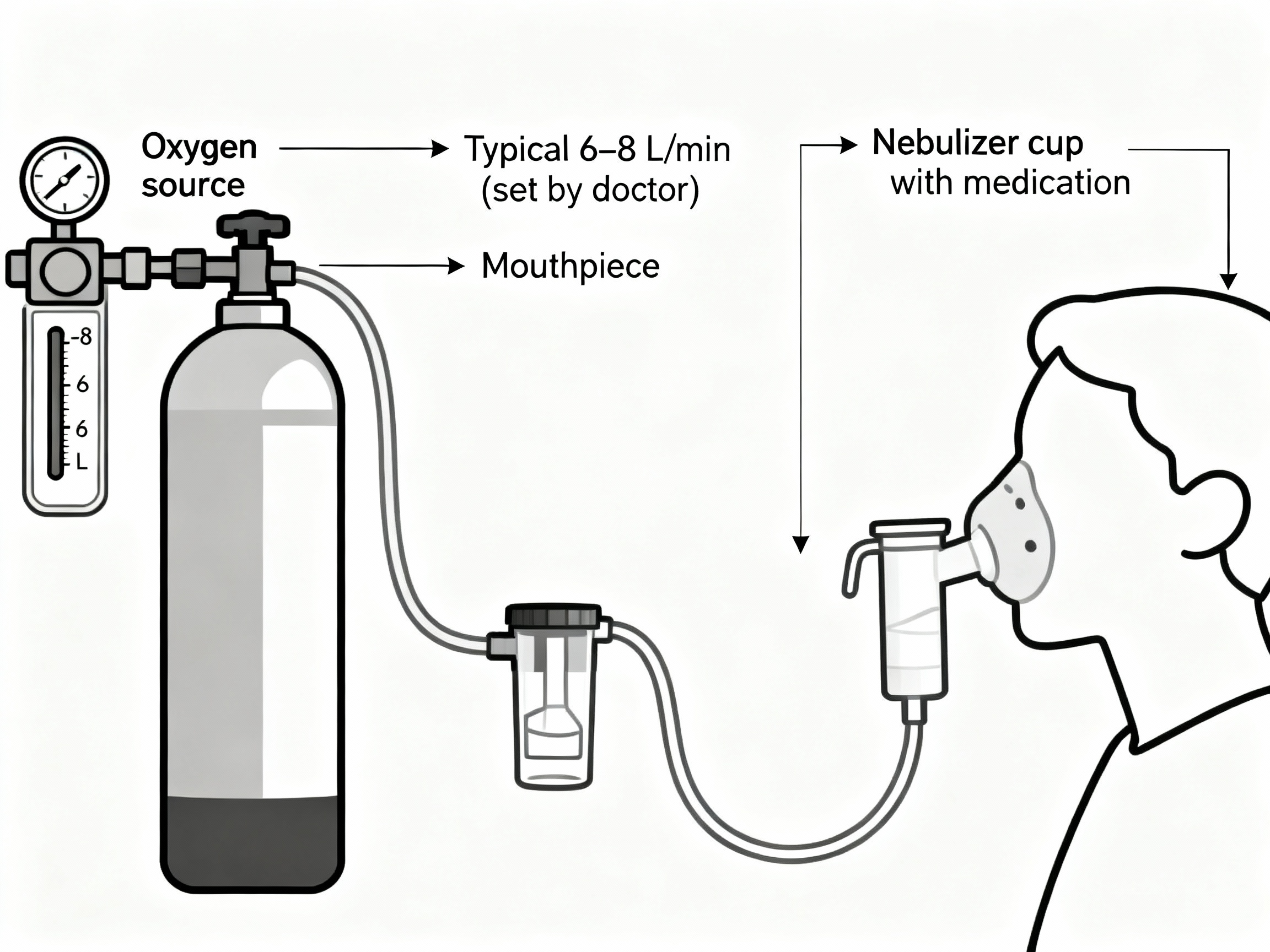How to connect oxygen to a nebulizer cup How to connect oxygen to a nebulizer cup (flow typically set by your doctor).