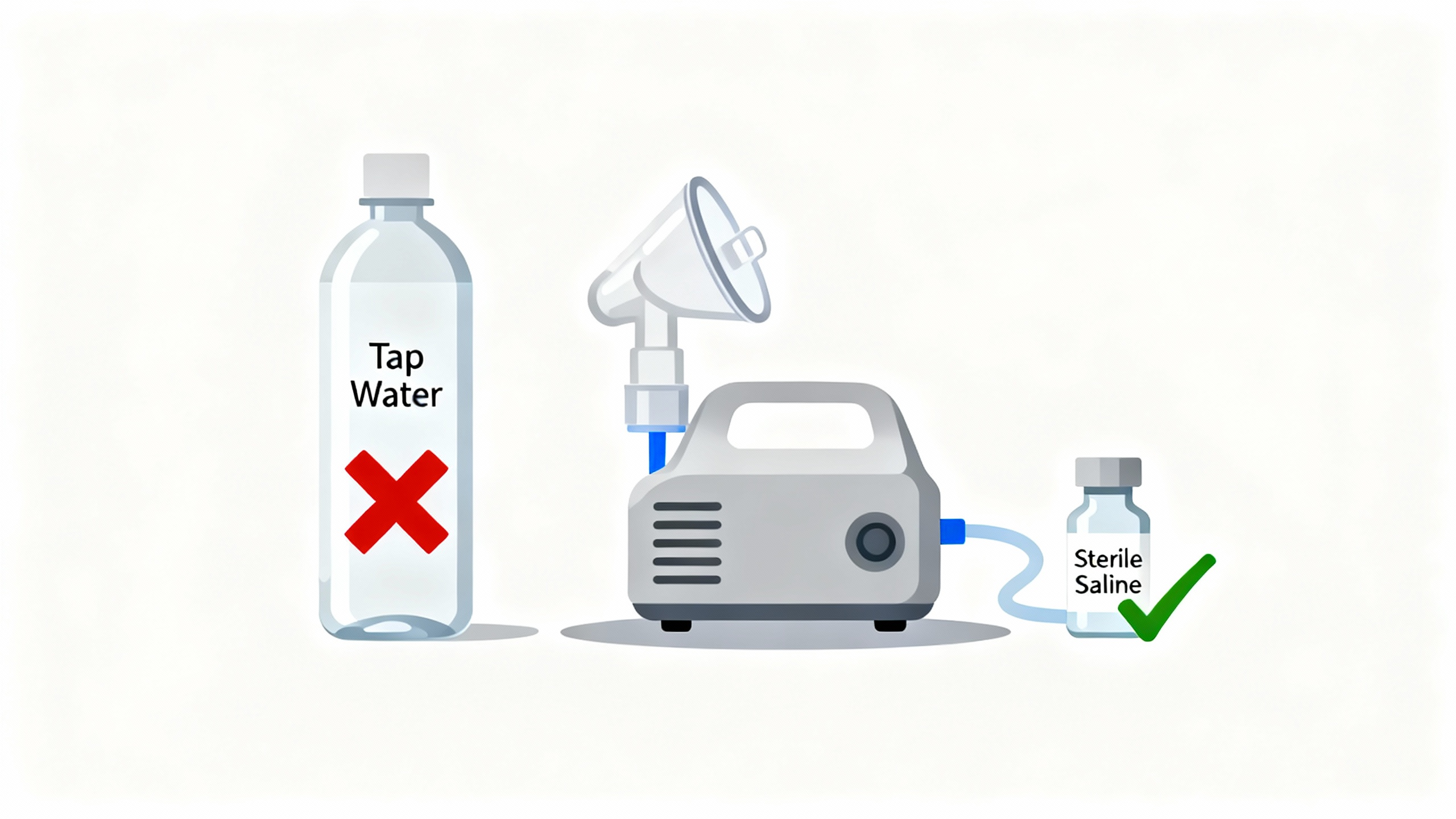 Home nebulizer: do not use tap water; use sterile saline. Nebulizer with tap water (X) versus sterile saline (check).