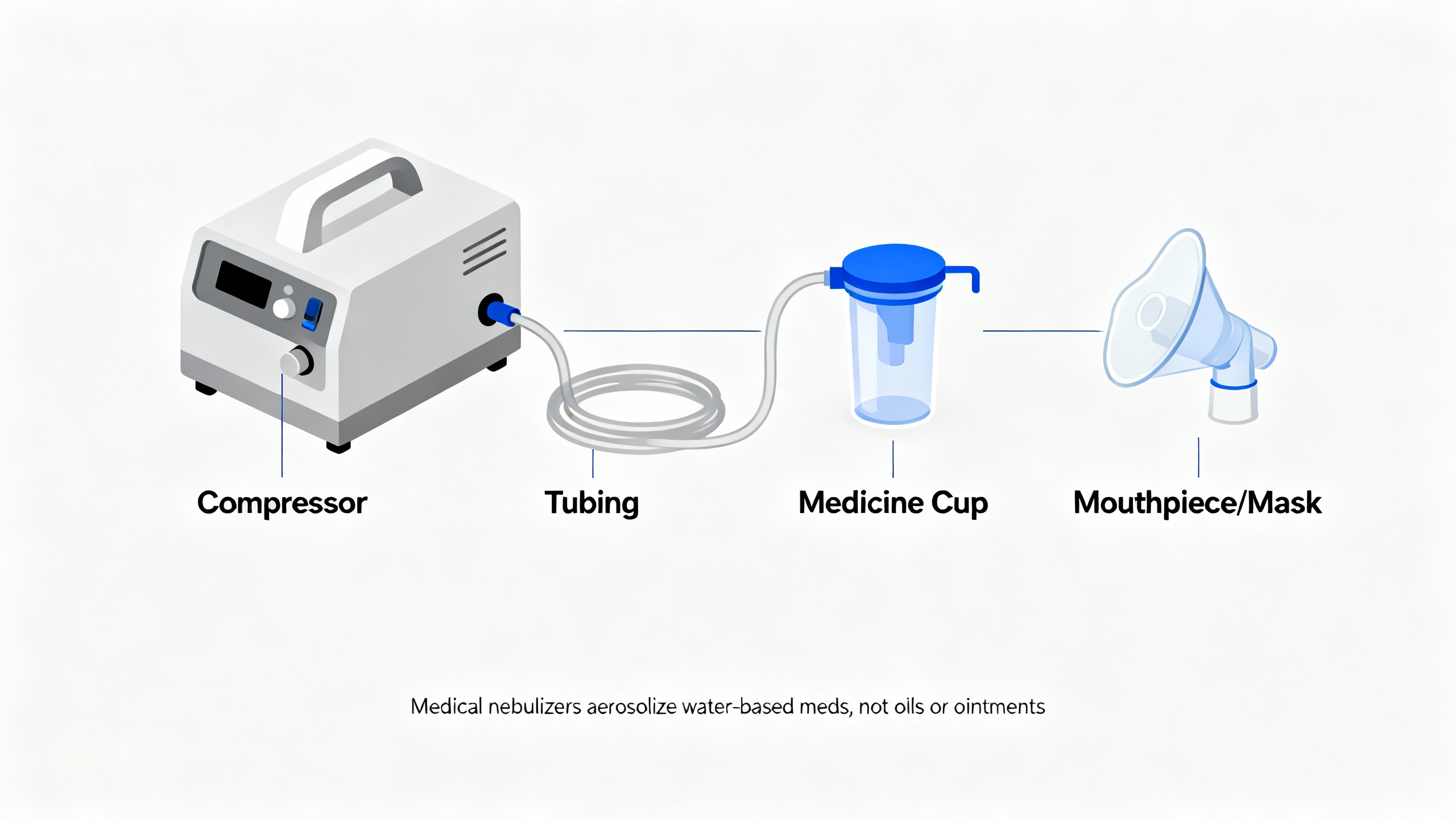 Diagram of a medical nebulizer showing compressor, tubing, medicine cup, and mask.