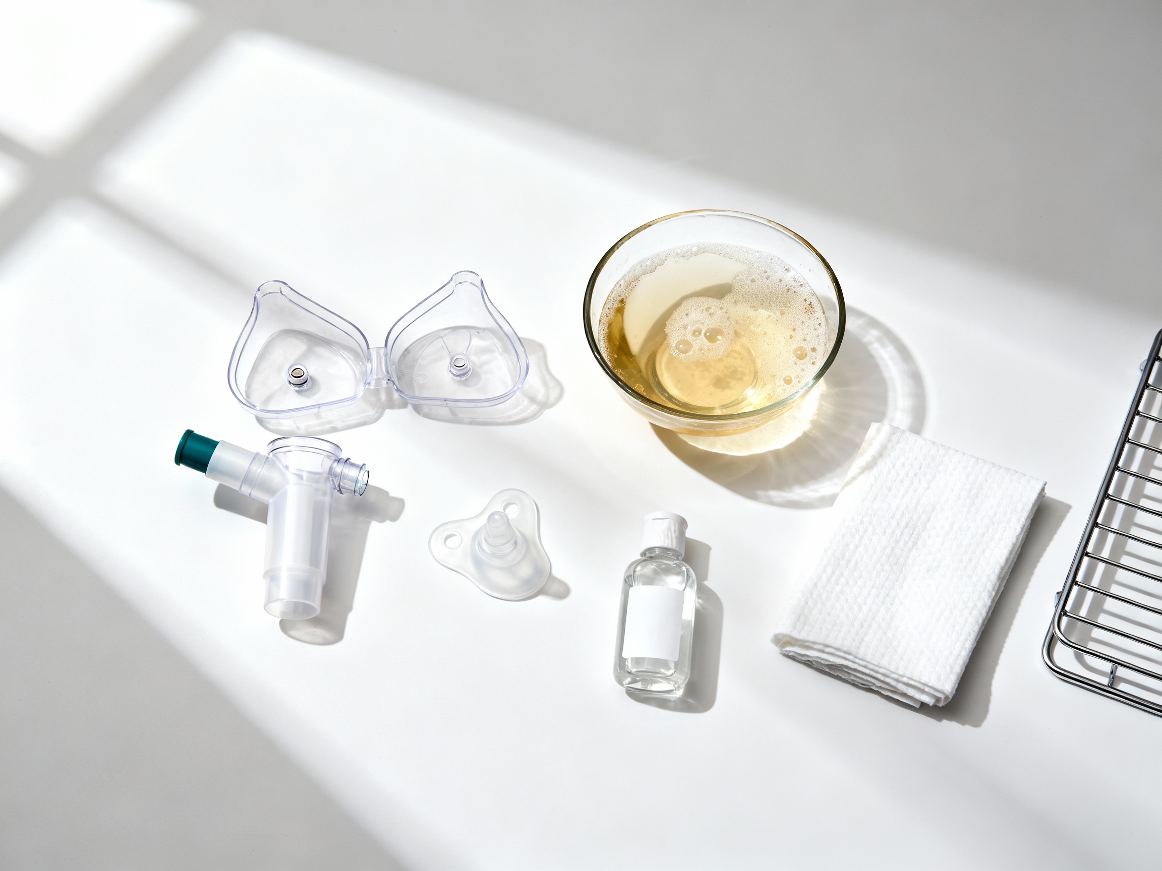 Clear inhaler spacer disassembled with mask, warm soapy water bowl, mild dish soap, and drying rack