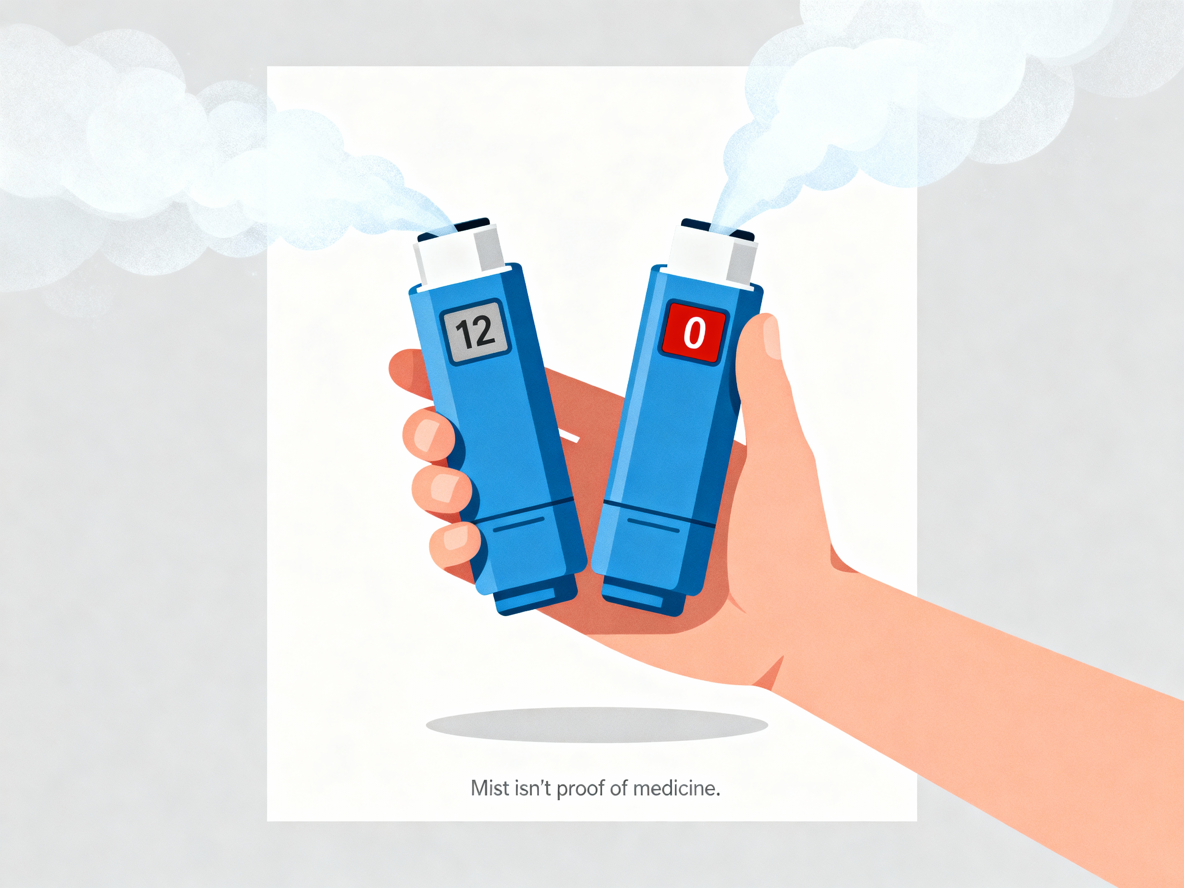 Mist isn’t proof of medicine — check the MDI dose counter Hand holding two blue metered-dose inhalers (MDIs); both spray mist, right device’s dose counter shows 0—mist isn’t proof of medicine.