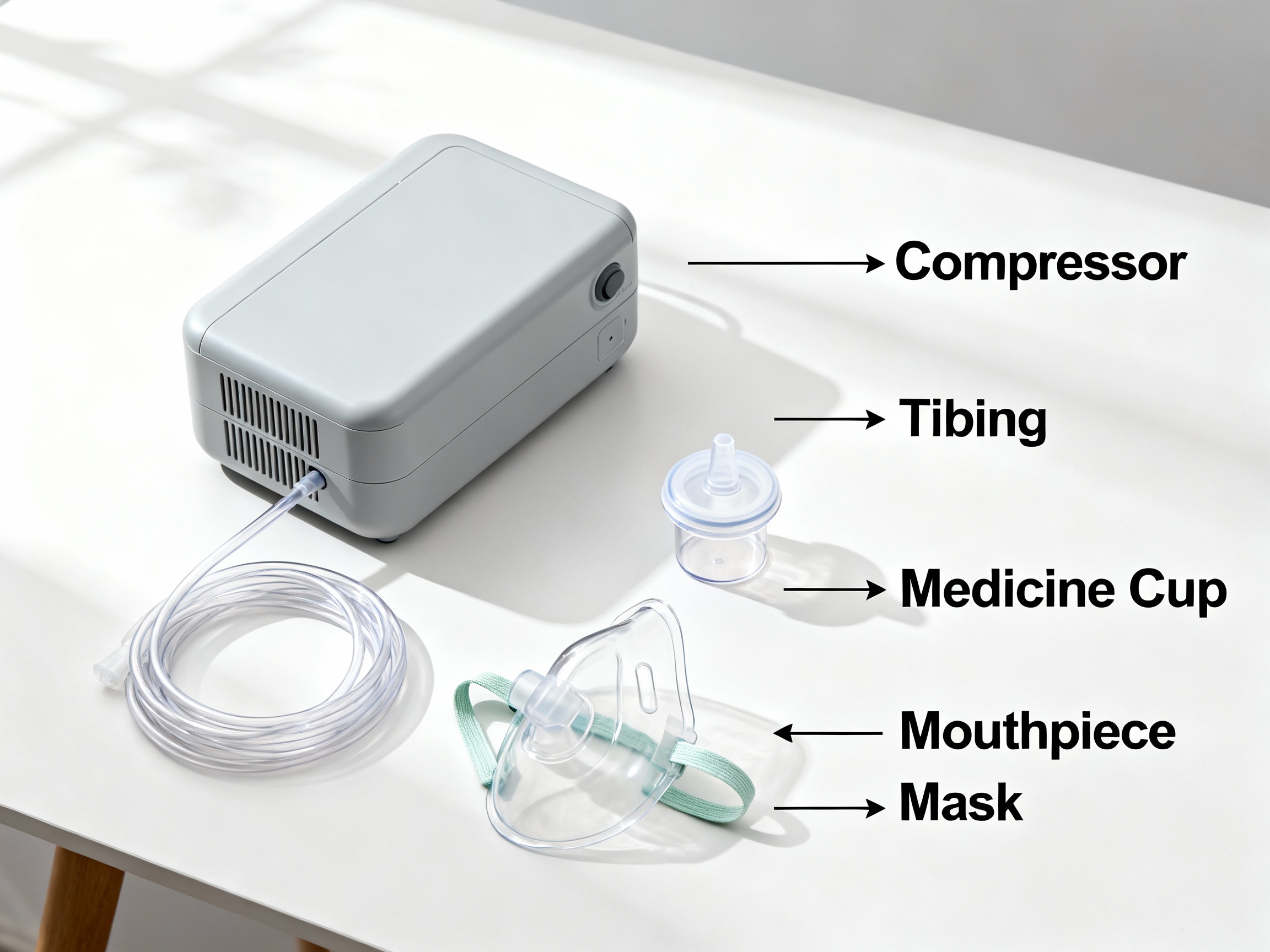 Simple flat lay of a home nebulizer kit on a white table with labeled components: Compressor, Tubing, Medicine Cup, Mouthpiece, Mask