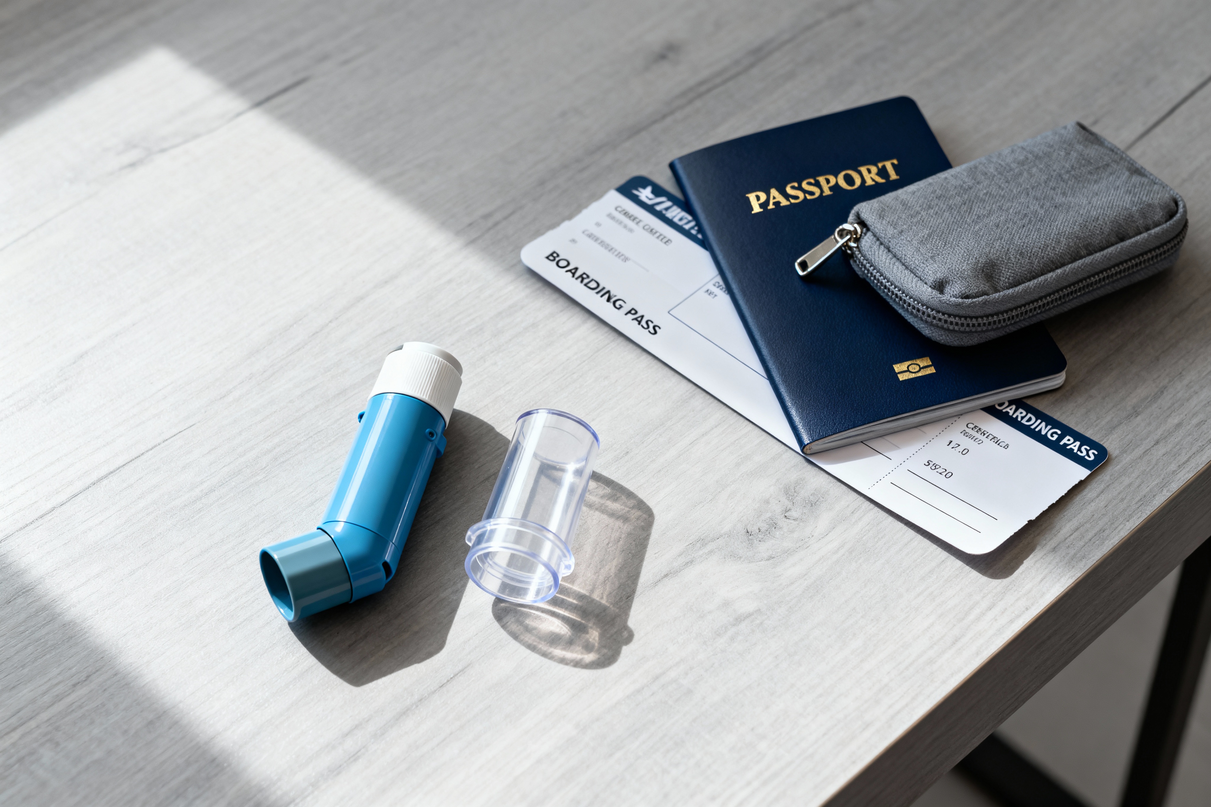 Asthma inhaler and spacer packed with passport for air travel Blue asthma inhaler and clear spacer beside a passport, boarding pass, and small carry-on pouch on a plain table — travel essentials for asthma.