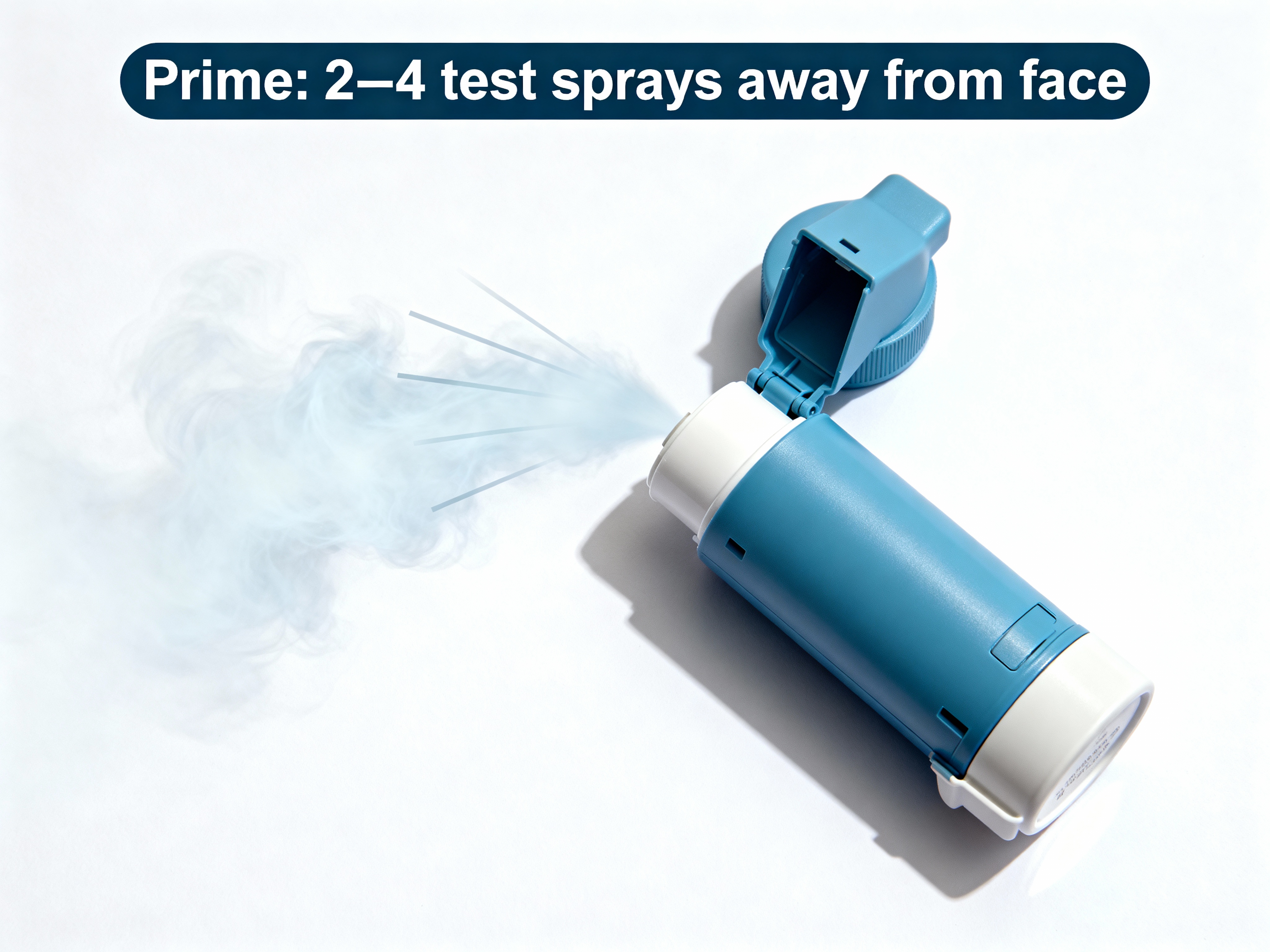 Blue metered-dose inhaler (MDI) with cap off spraying a test mist away from the device; banner text reads 'Prime: 2–4 test sprays away from face'