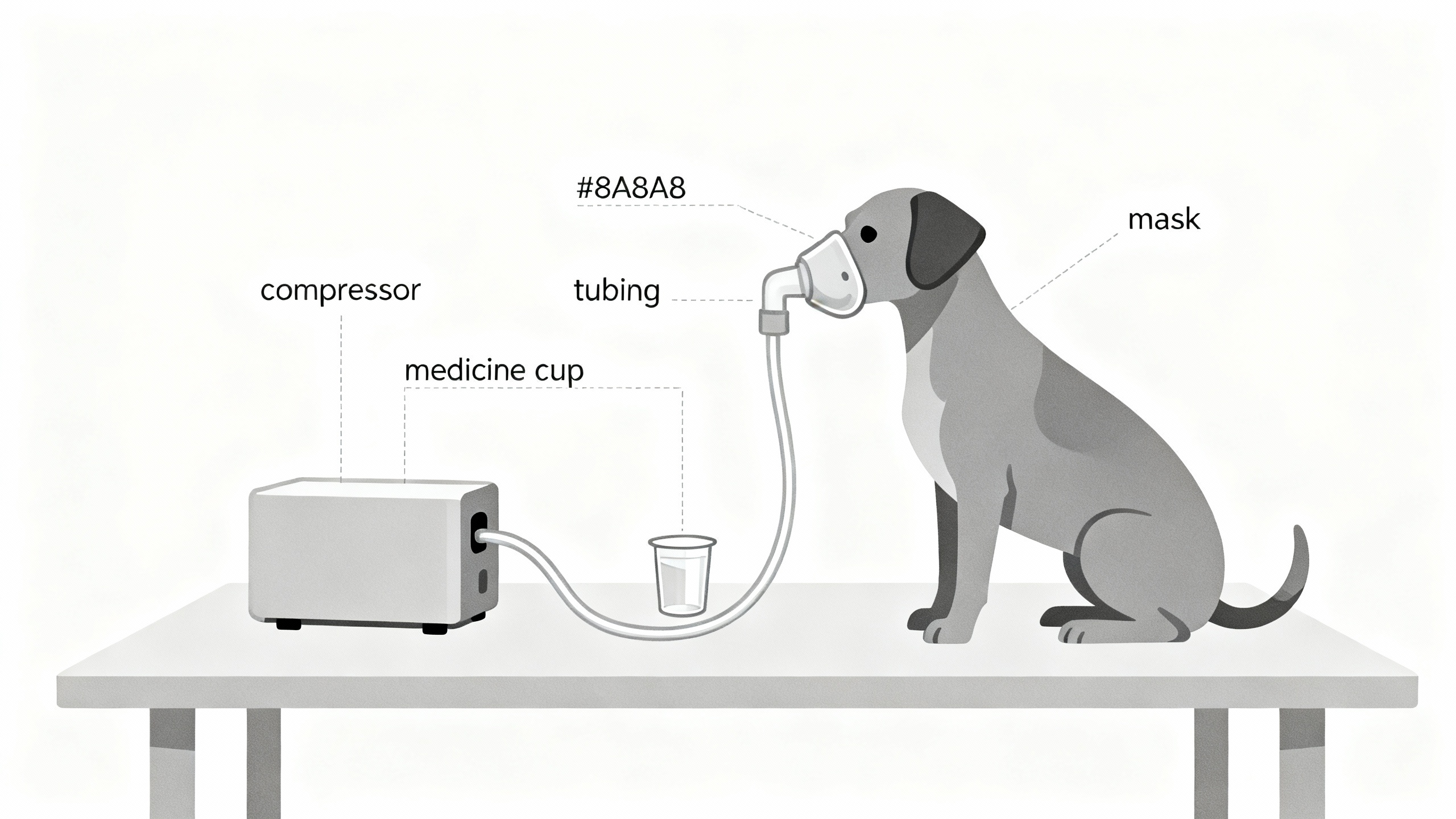 Simple diagram: dog using a nebulizer with labeled compressor, tubing, medicine cup, and mask.