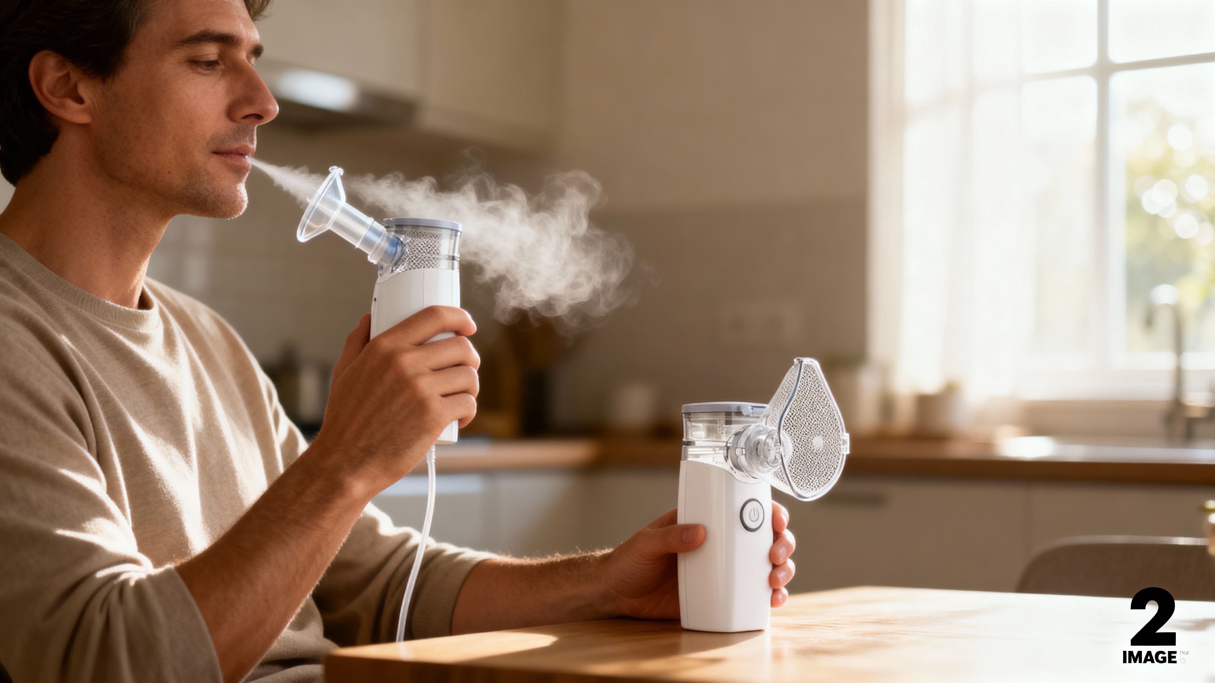Handheld mesh nebulizer in gentle home use Adult using a compact handheld nebulizer at a kitchen table with visible mist