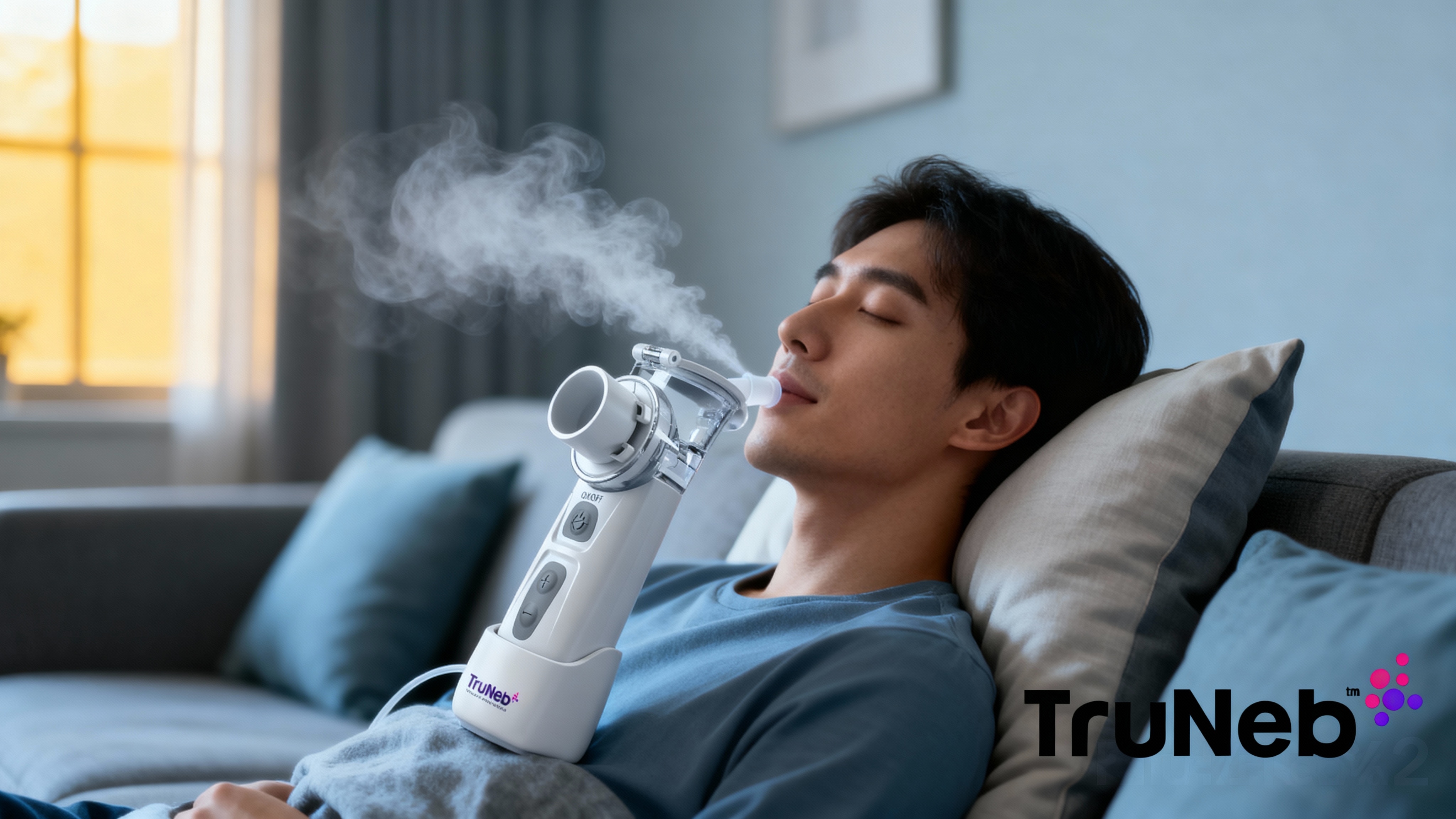 Person sitting comfortably with pillows using a handheld portable nebulizer emitting a gentle mist at home