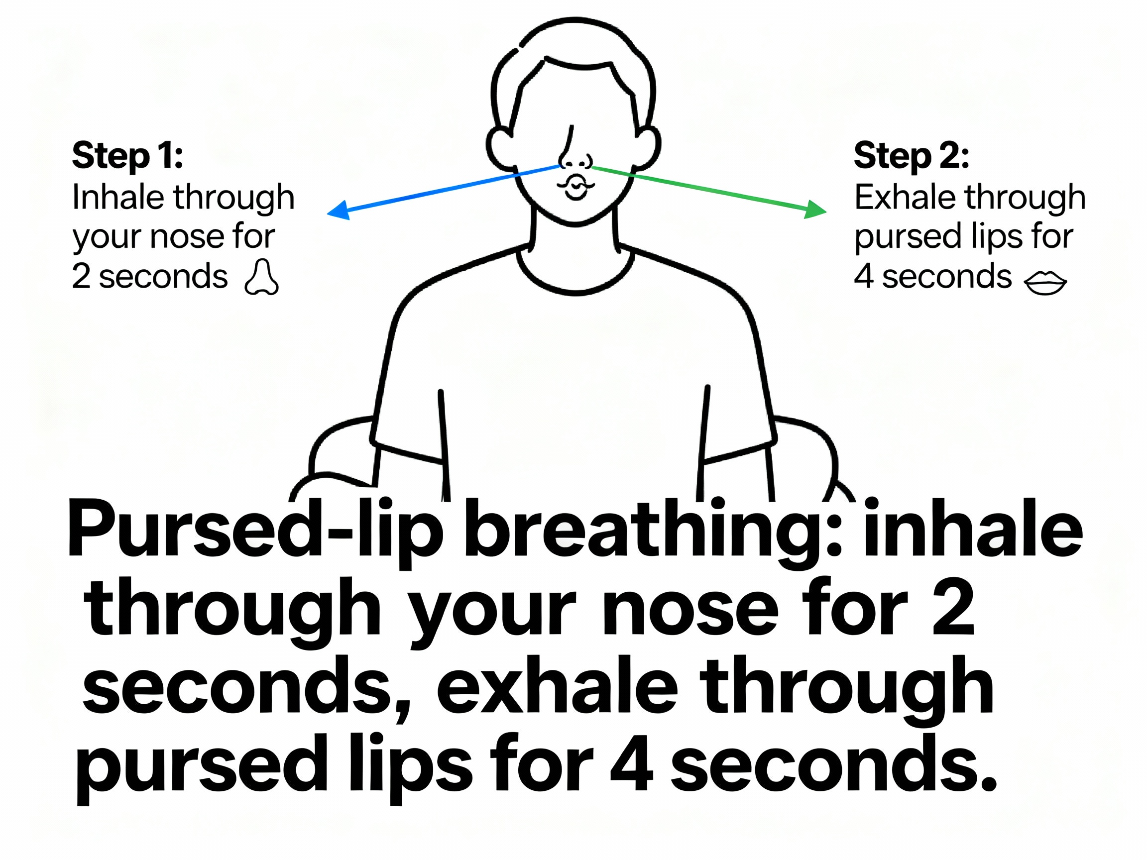 Pursed-lip breathing: inhale 2s through nose, exhale 4s through pursed lips Person practicing pursed-lip breathing, inhale 2 seconds, exhale 4 seconds.