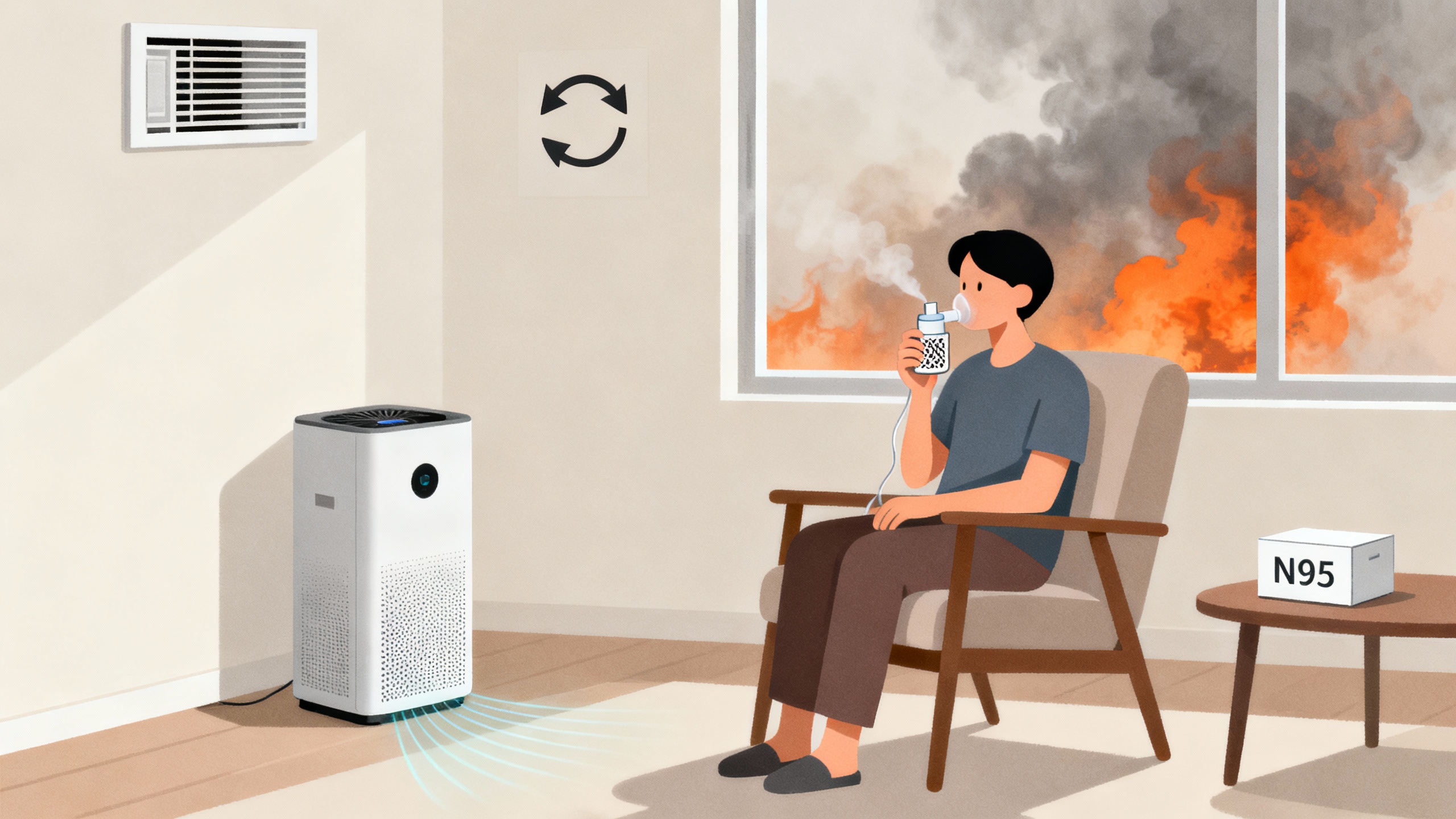 Using a portable mesh nebulizer indoors during wildfire smoke Person using a portable mesh nebulizer indoors with a HEPA air purifier; wildfire smoke visible outside.