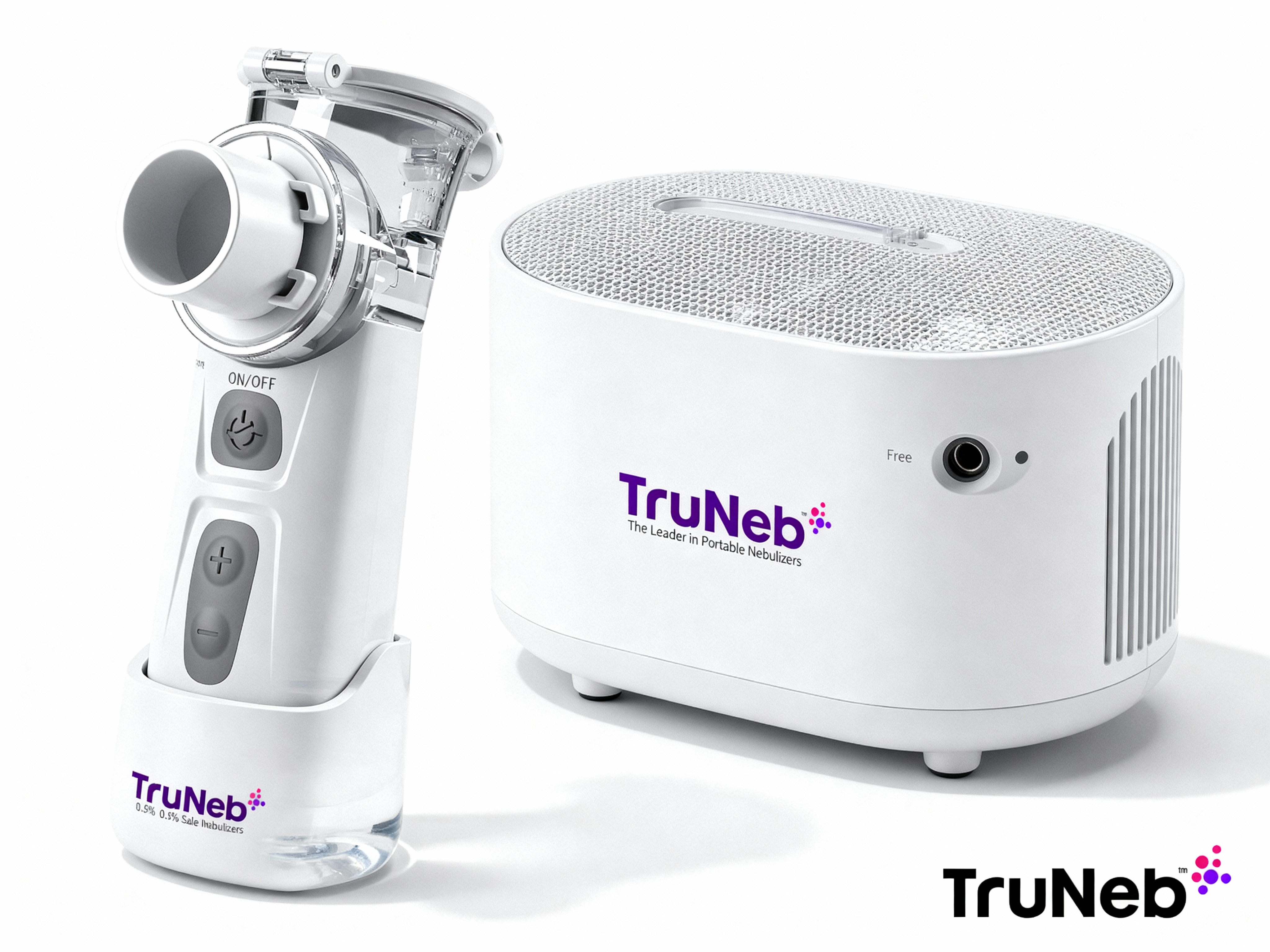 Sterile 0.9% saline inhalation vial beside a TruNeb portable mesh nebulizer on a clean white background