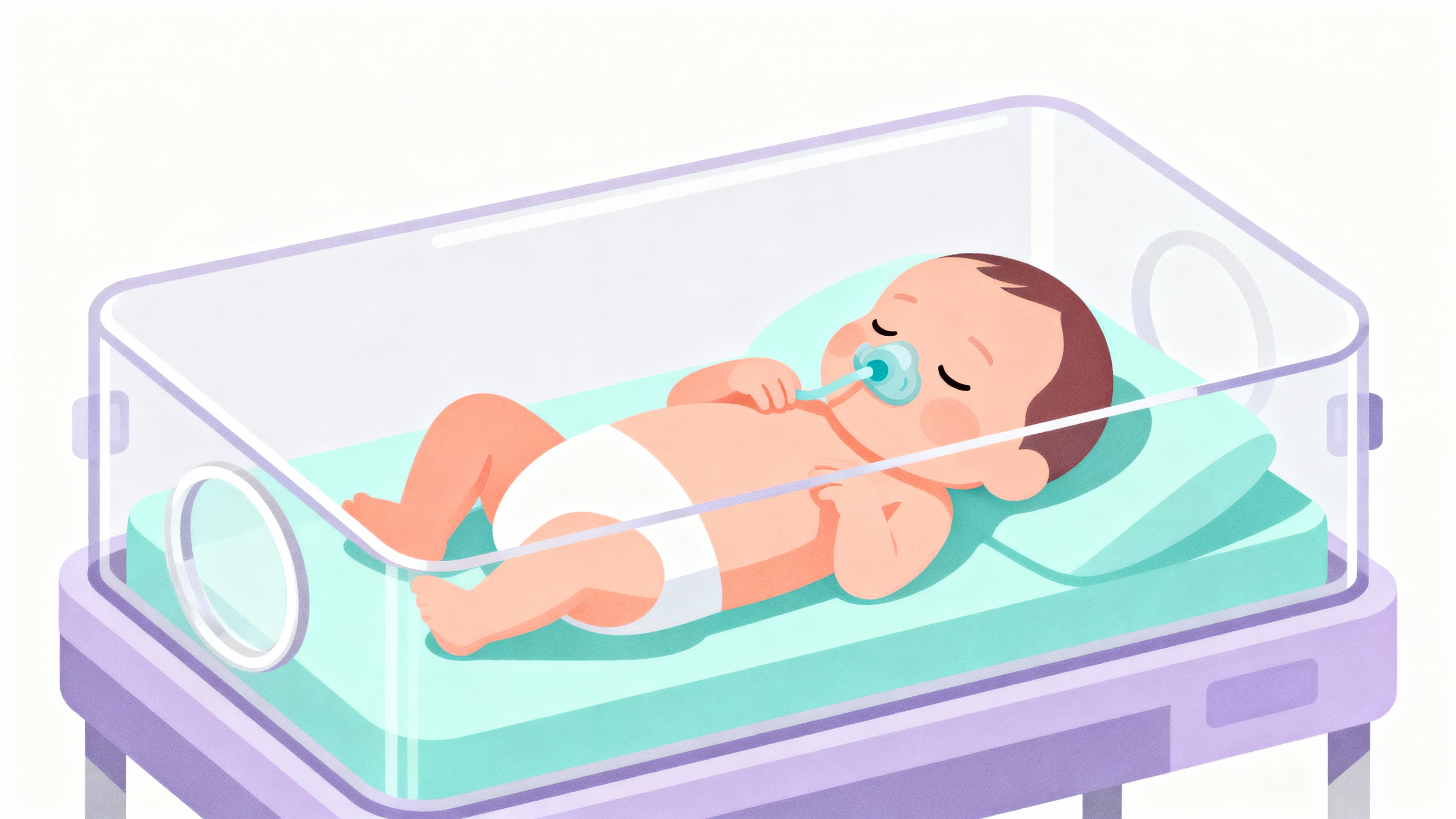 Premature baby in NICU incubator illustration Flat illustration of a premature baby in a clear NICU incubator with a nasal cannula, soft pastel colors