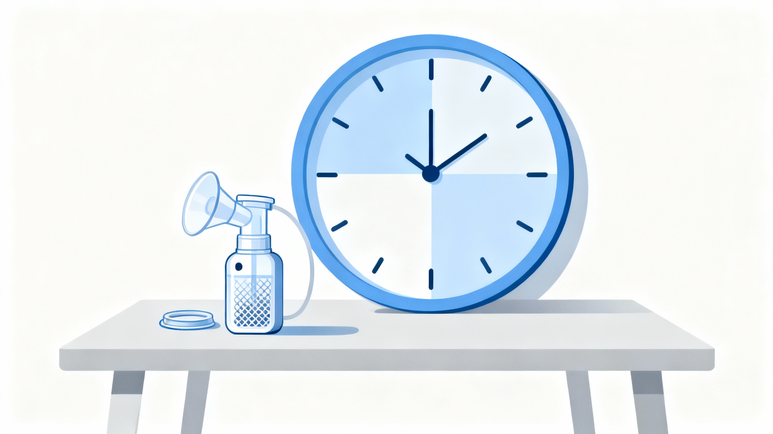 Simple flat illustration of a portable mesh nebulizer on a table with a large wall clock showing four evenly segmented blue quarters