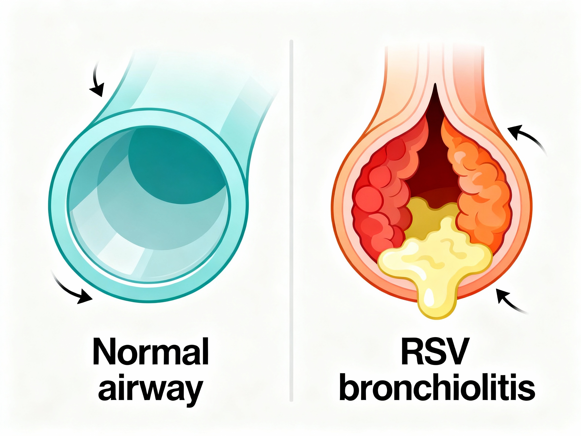 Normal airway vs RSV bronchiolitis in an infant bronchiole Diagram comparing a normal infant bronchiole to RSV bronchiolitis with swollen walls and mucus.
