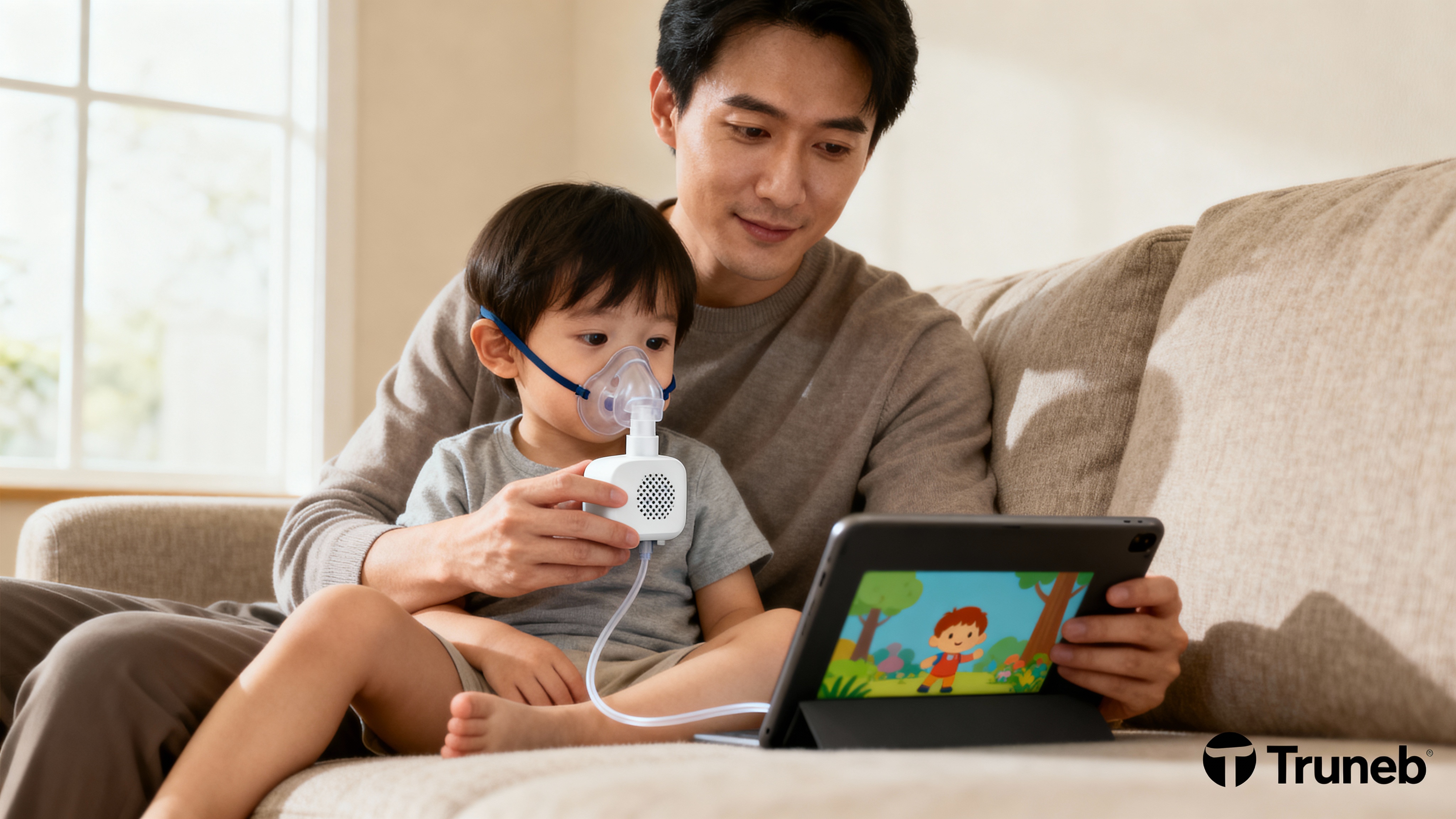 Parent helping a child use a mesh nebulizer, illustrating comfortable breathing treatment time.