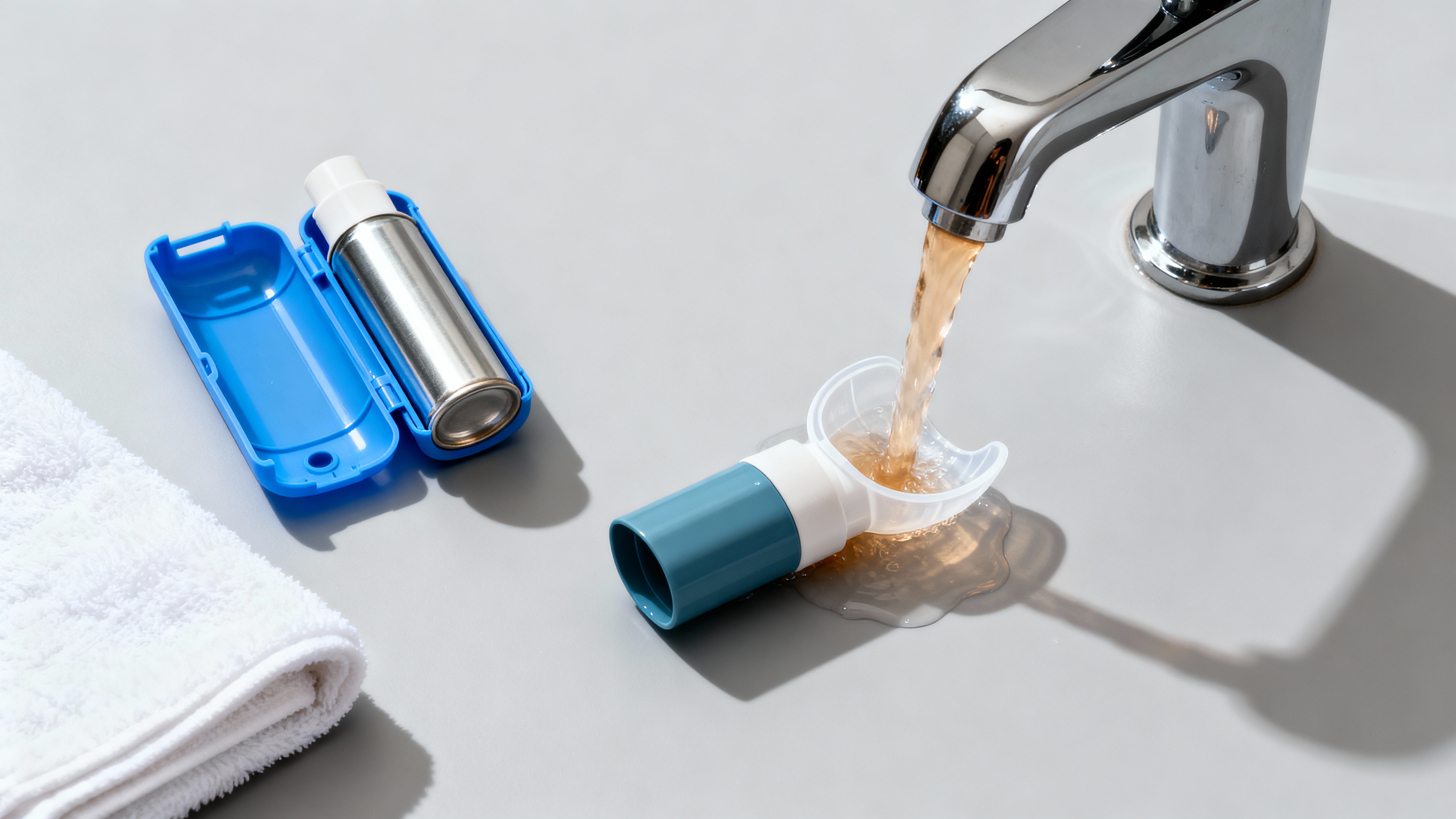 How to rinse an asthma inhaler mouthpiece (canister removed) Rinsing an asthma inhaler’s plastic mouthpiece under warm water after removing the metal canister