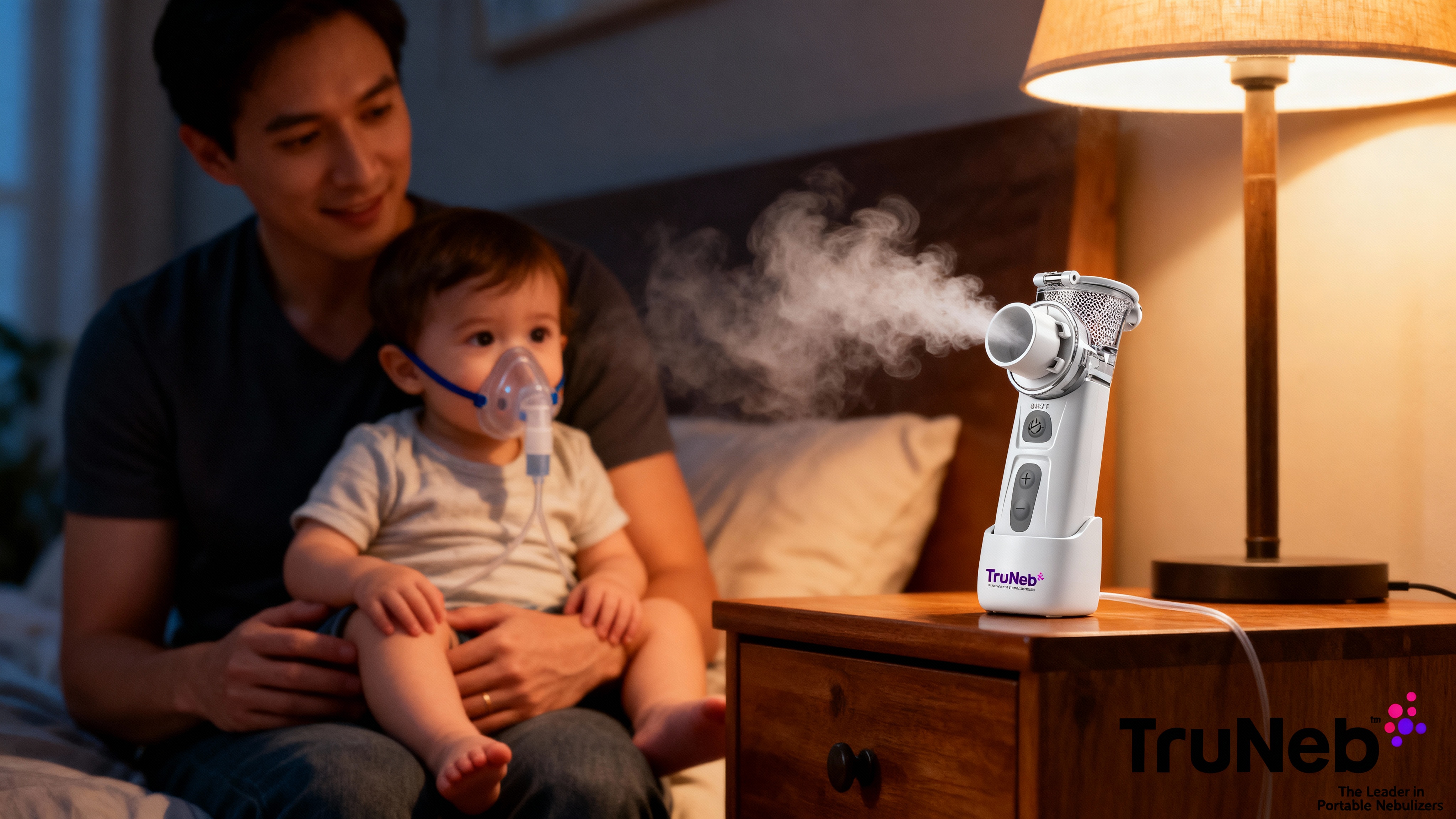 Comforting home scene with TruNeb portable nebulizer and pediatric mask Calm toddler wearing a pediatric nebulizer mask at home with a TruNeb portable nebulizer on a nightstand, warm evening light