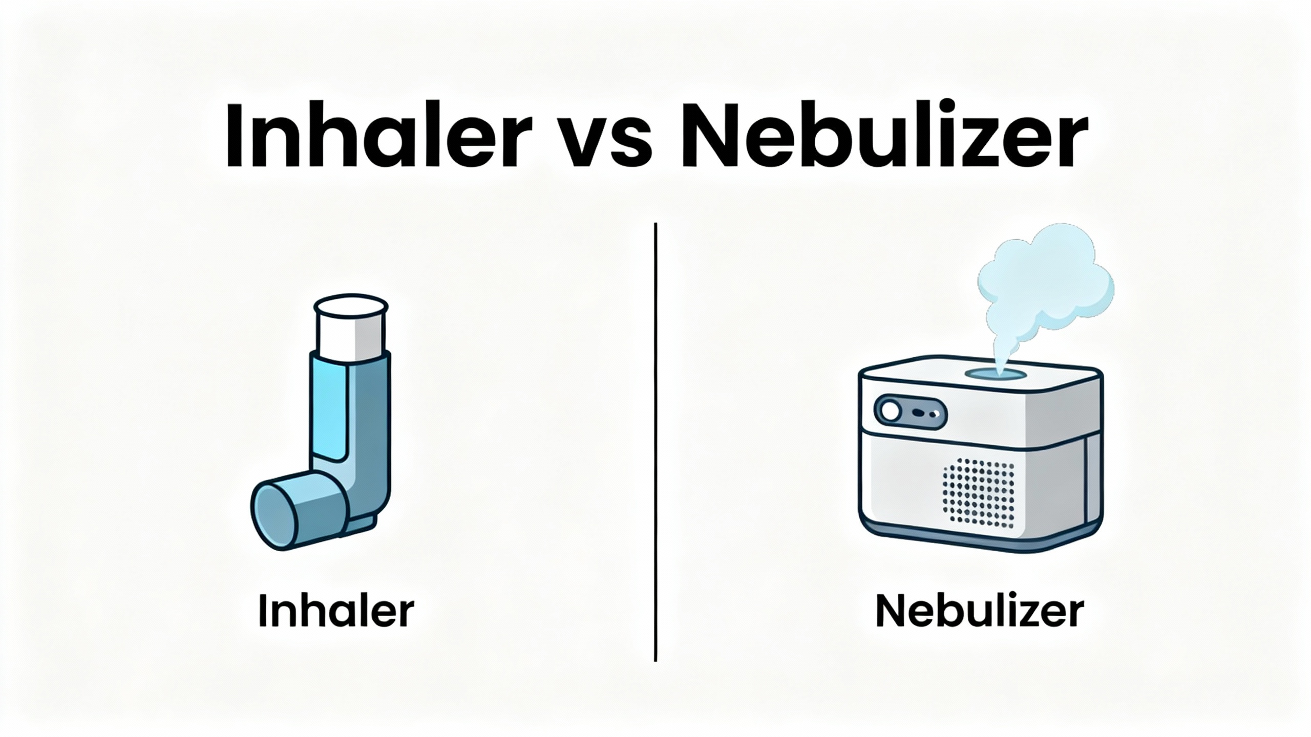 Inhaler vs Nebulizer comparison: flat illustration with labeled handheld inhaler and portable mesh nebulizer emitting soft mist on a clean white background