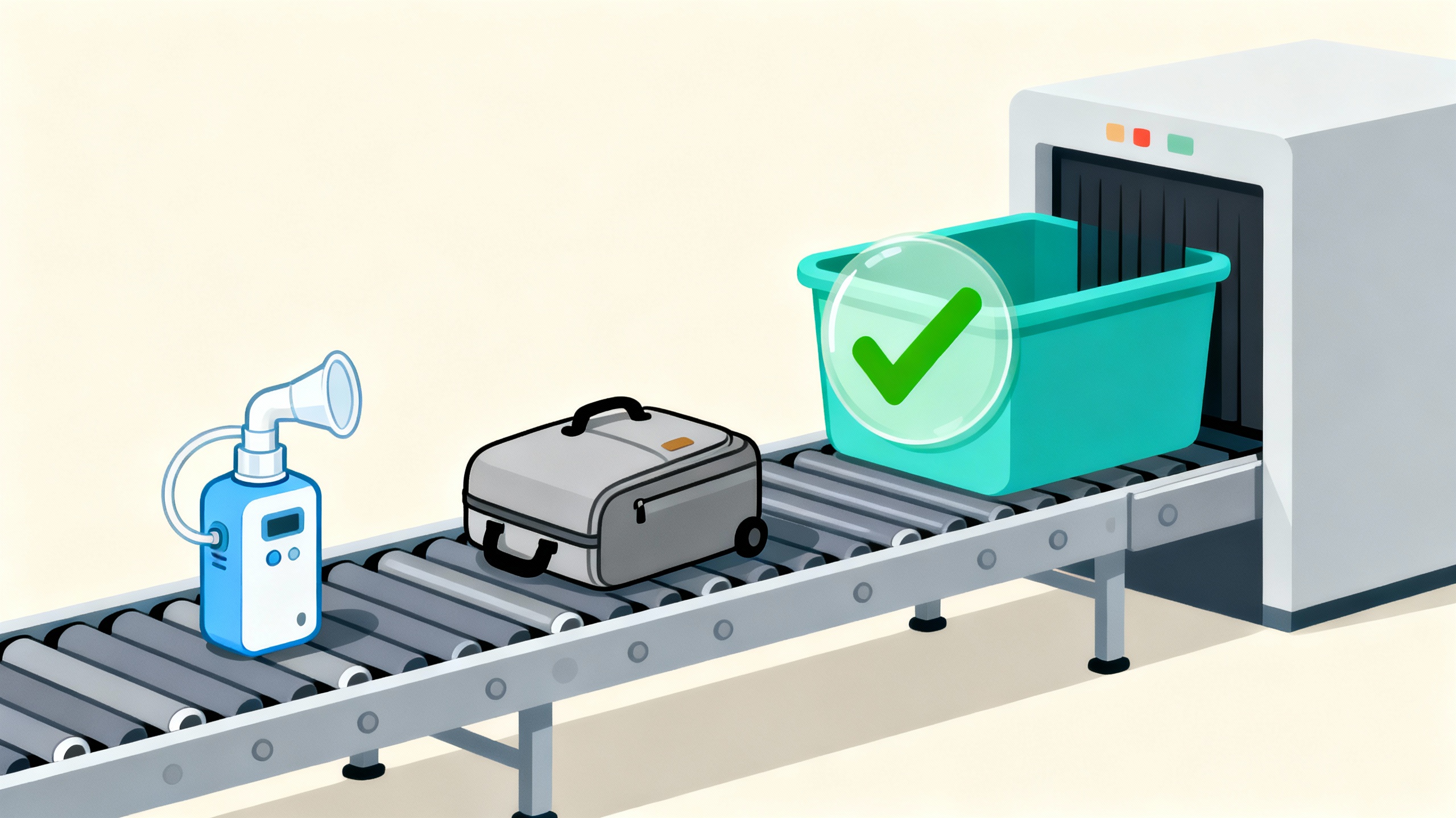 Portable nebulizer in airport security bin with carry-on and approval checkmark Flat illustration of a portable nebulizer and carry-on bag in an airport security bin on a conveyor belt with a green checkmark, indicating TSA approval