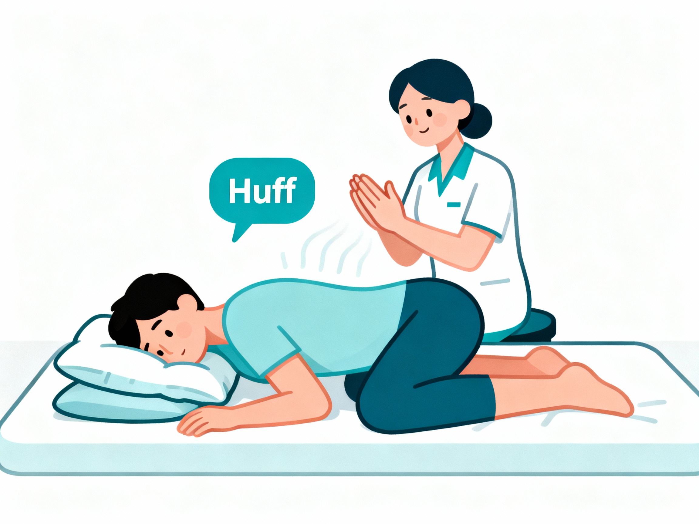 Postural drainage, chest percussion, and huff cough technique Flat illustration of postural drainage with cupped-hand chest percussion and huff cough