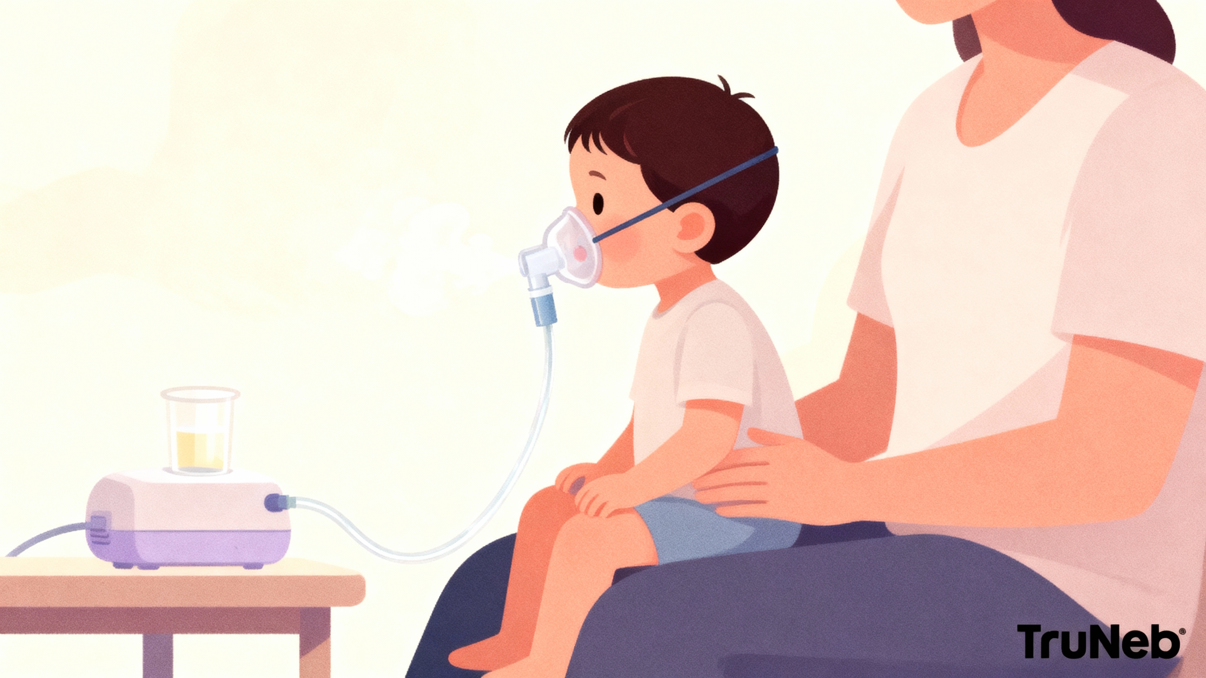 Toddler using pediatric nebulizer mask on parent's lap Calm toddler sitting on parent's lap using a small pediatric nebulizer mask connected to a tabletop nebulizer with visible mist