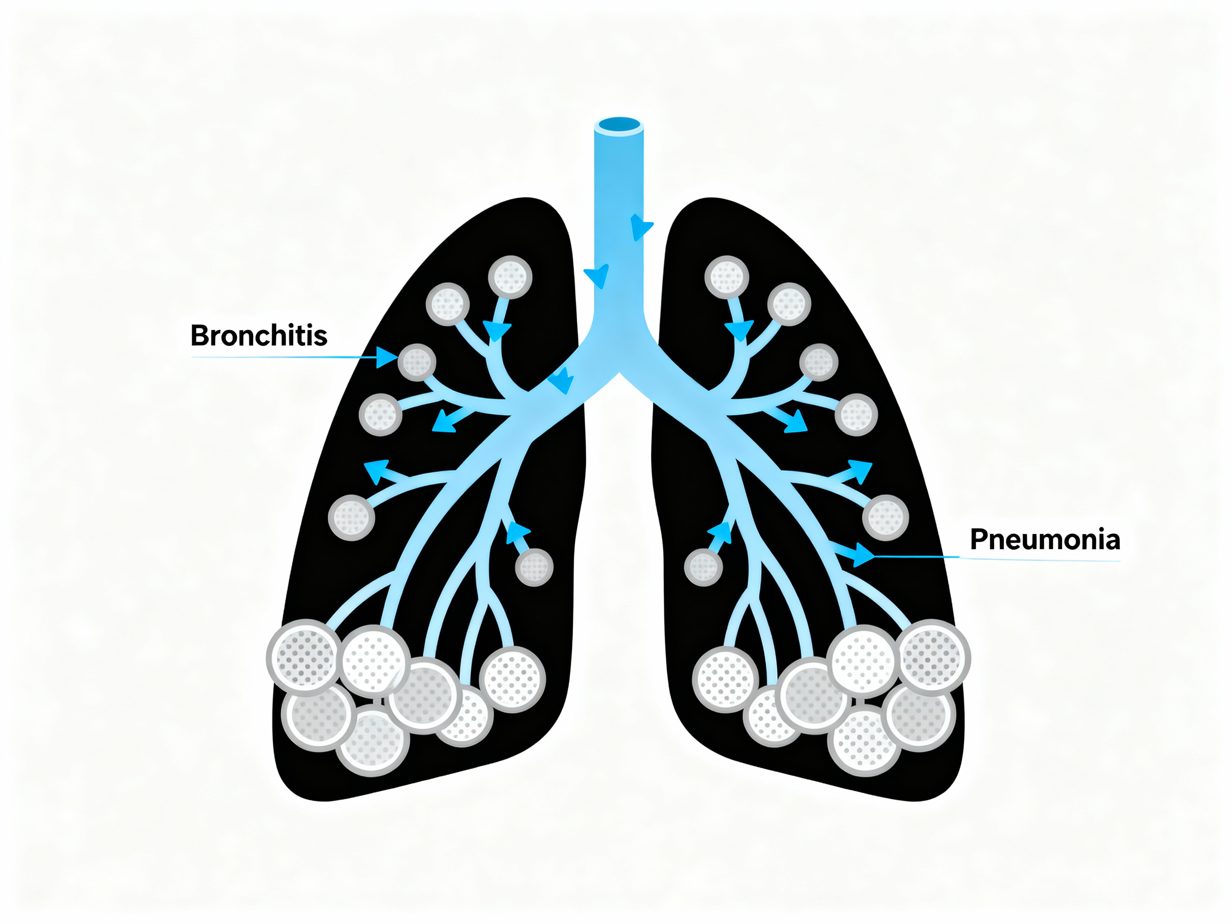 Bronchitis vs pneumonia diagram showing bronchitis in the bronchi and pneumonia in the alveoli